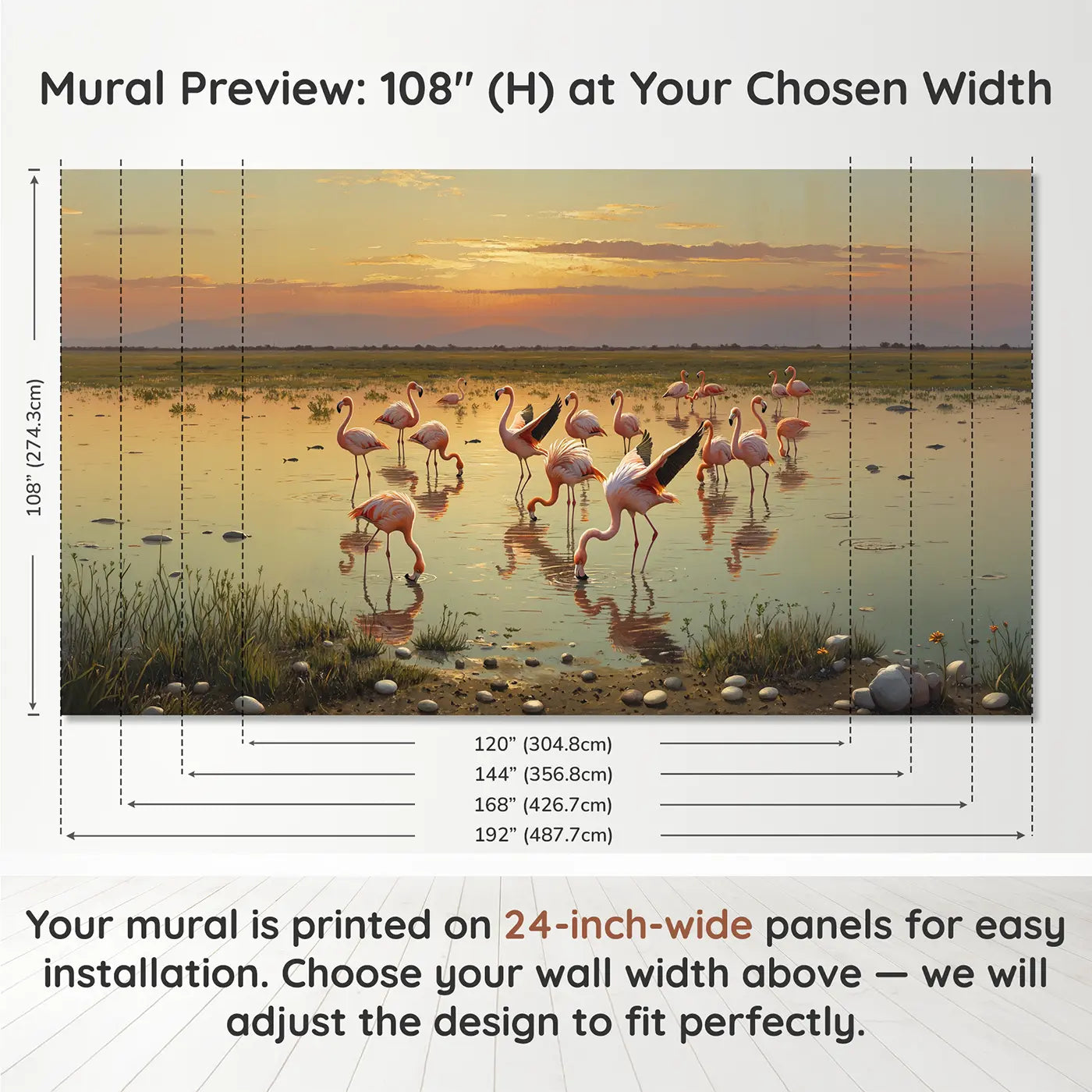 Panel layout and dimensions for Flamingo Sunset Ballet Wallpaper Mural by Whimsy Tots