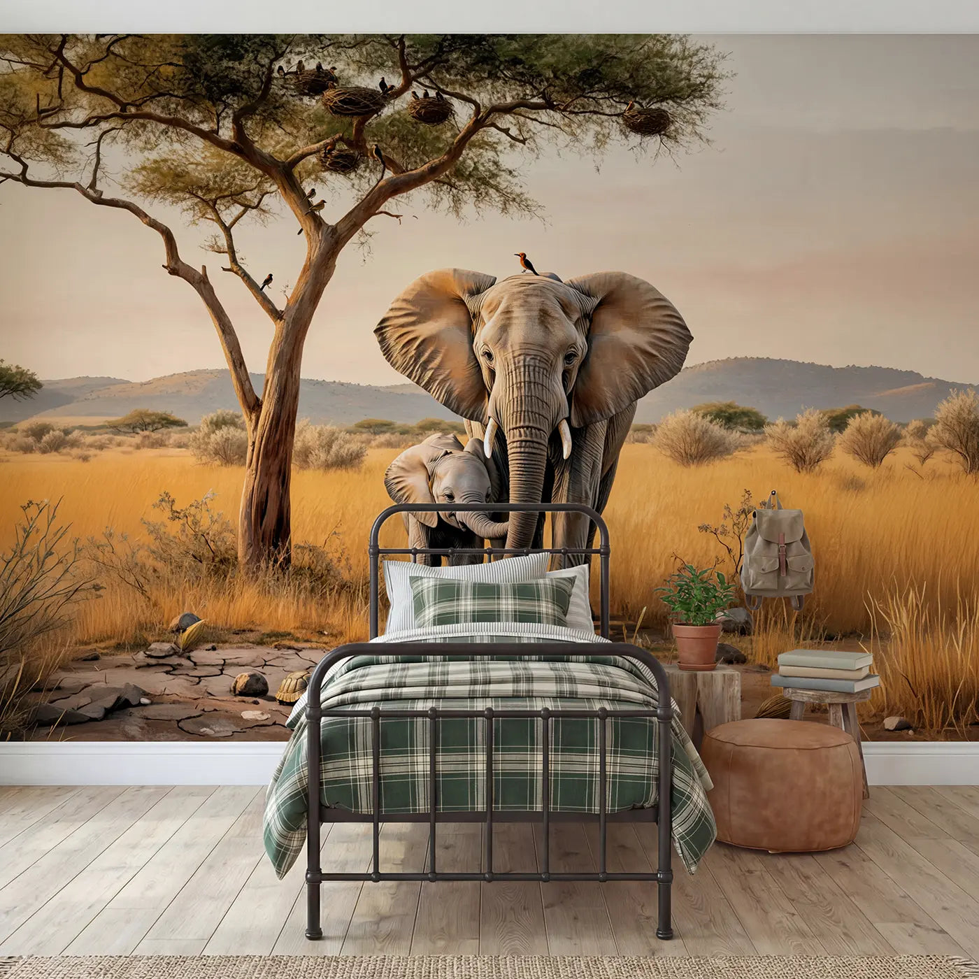 Soft pastel elephant and acacia savanna wallpaper mural for boys room by Whimsy Tots