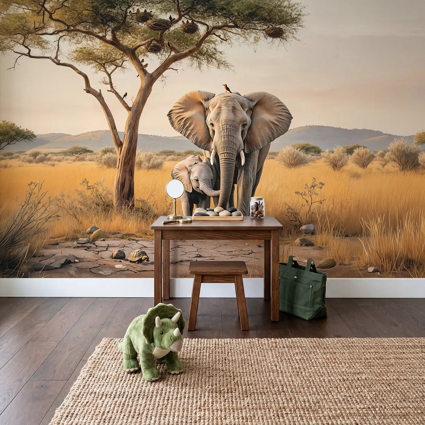 Sleepy Elephant Nursery Wallpaper Mural in playroom setting by Whimsy Tots