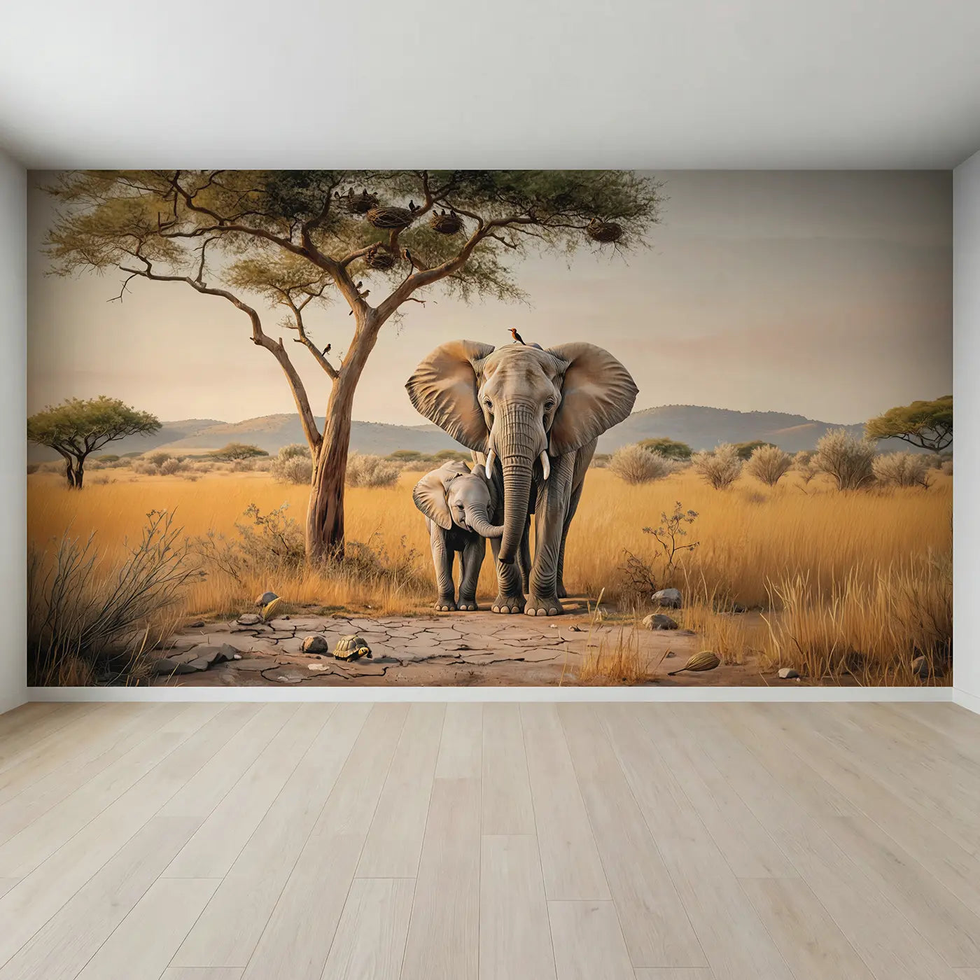 Full view of Sleepy Elephant Nursery Wallpaper Mural by Whimsy Tots