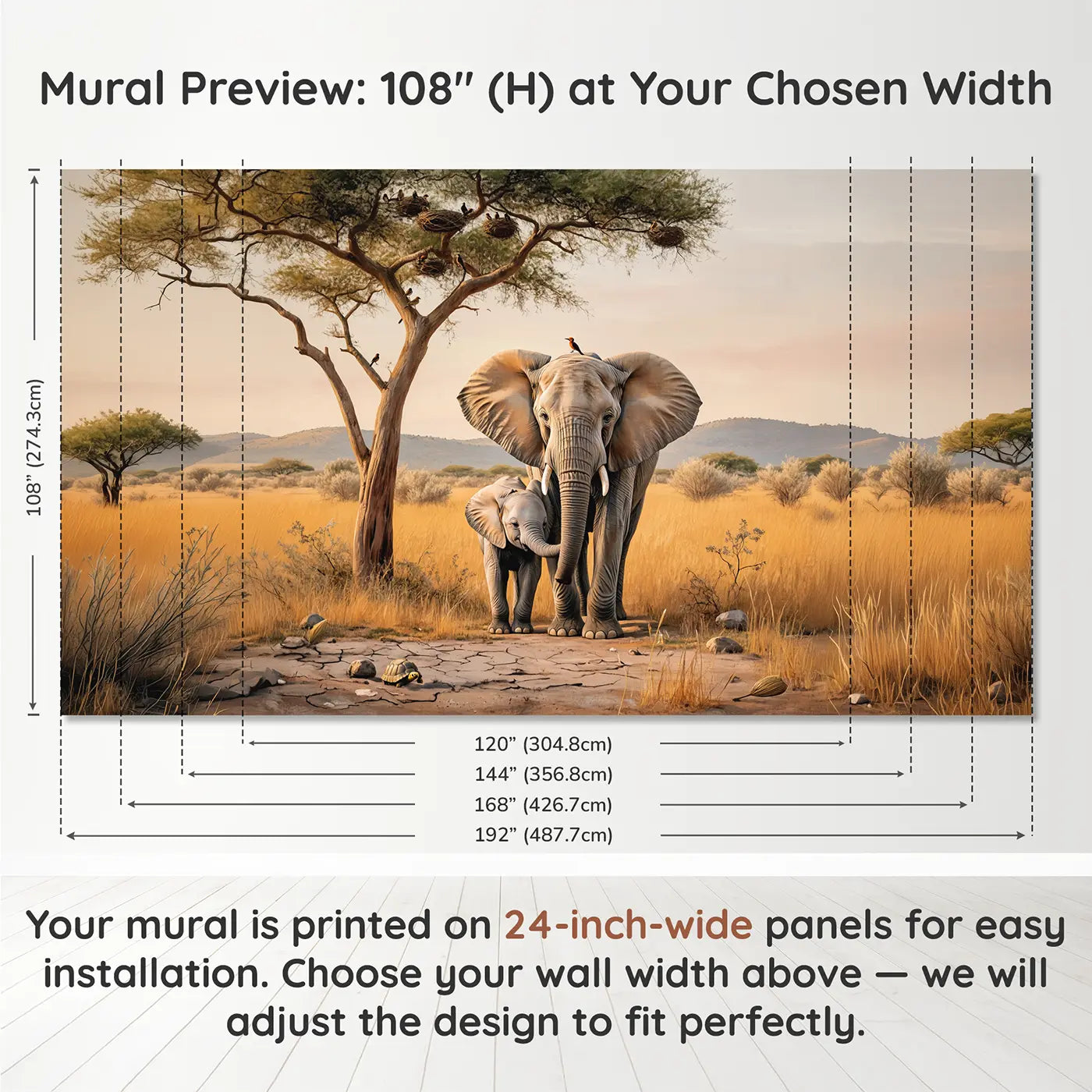 Panel layout and dimensions for Sleepy Elephant Nursery Wallpaper Mural by Whimsy Tots