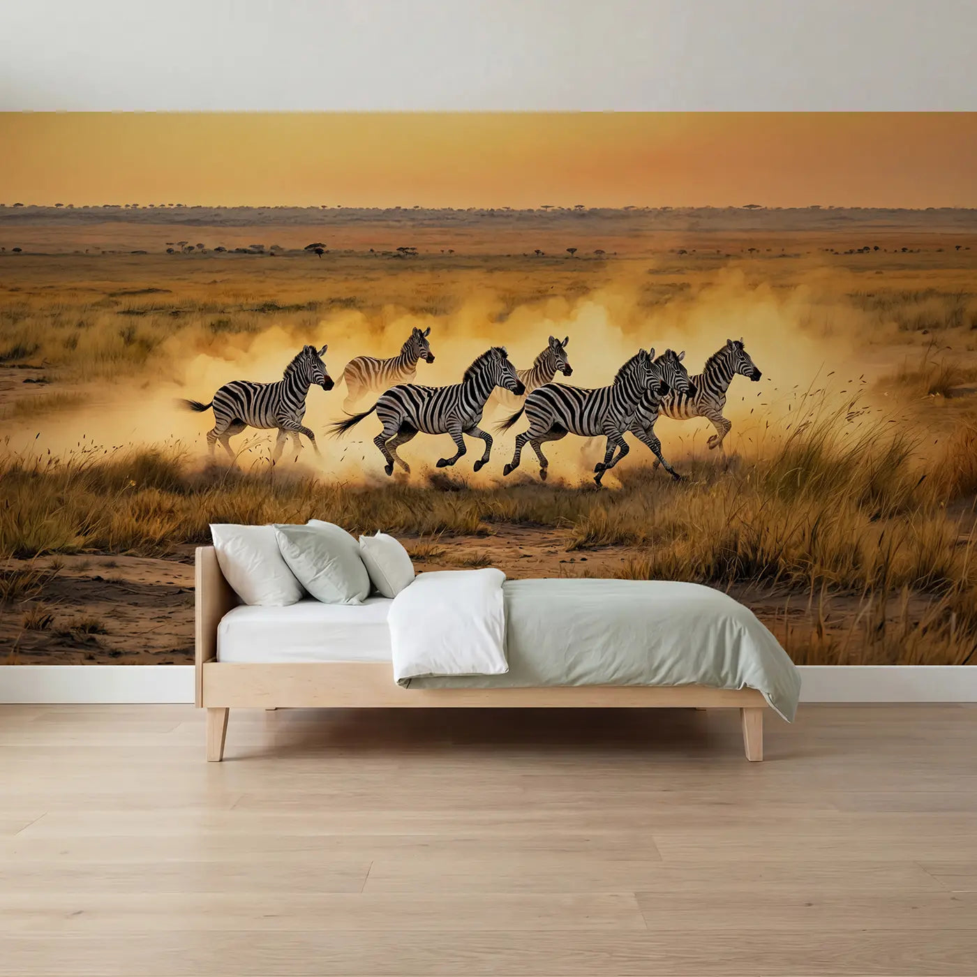 storybook zebra herd stampede golden savanna wallpaper mural for boys room by Whimsy Tots
