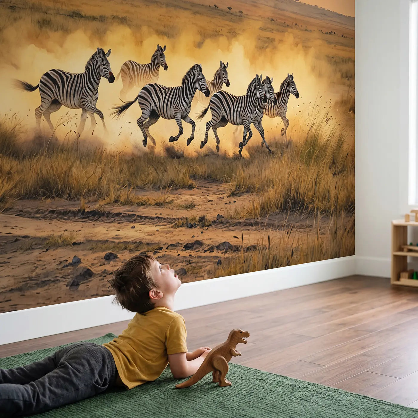 Child in nursery with Zebra Herd Golden Stampede Wallpaper Mural by Whimsy Tots