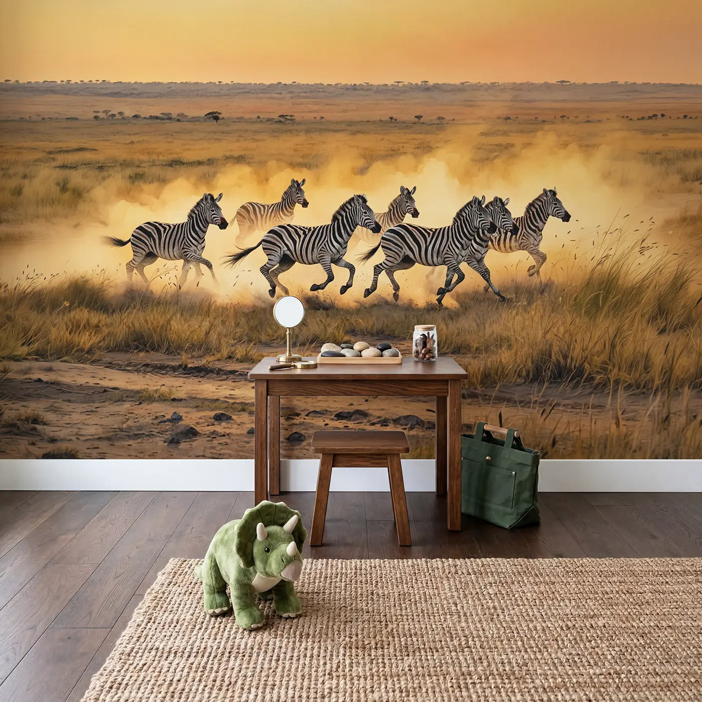 Zebra Herd Golden Stampede Wallpaper Mural in playroom setting by Whimsy Tots