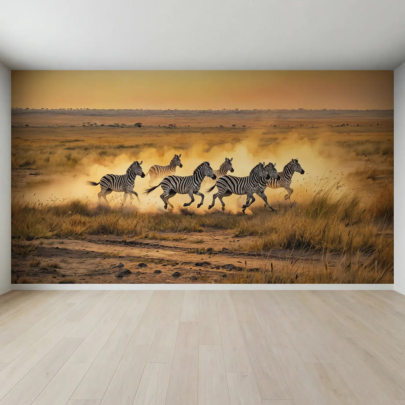Full view of Zebra Herd Golden Stampede Wallpaper Mural by Whimsy Tots