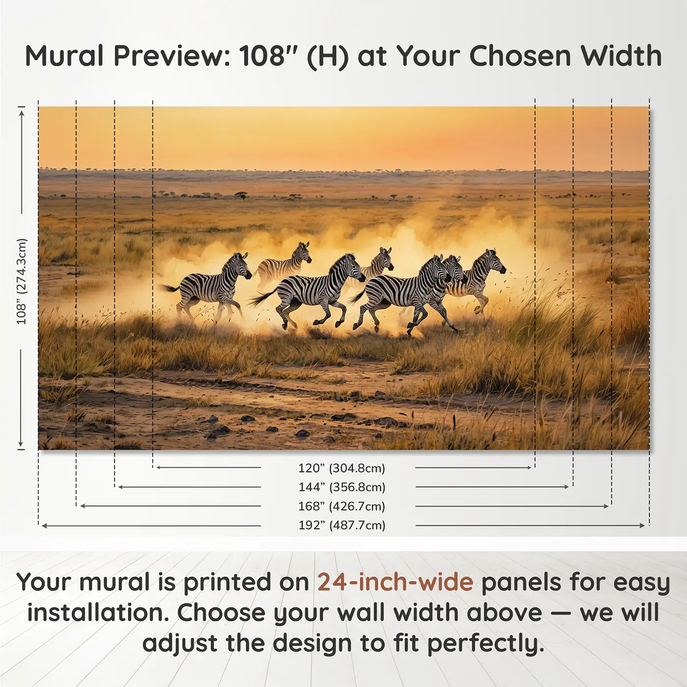 Panel layout and dimensions for Zebra Herd Golden Stampede Wallpaper Mural by Whimsy Tots