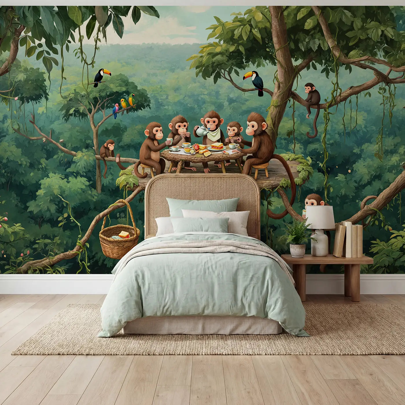 Soft pastel monkey tea party treetop wallpaper mural for kids room by Whimsy Tots