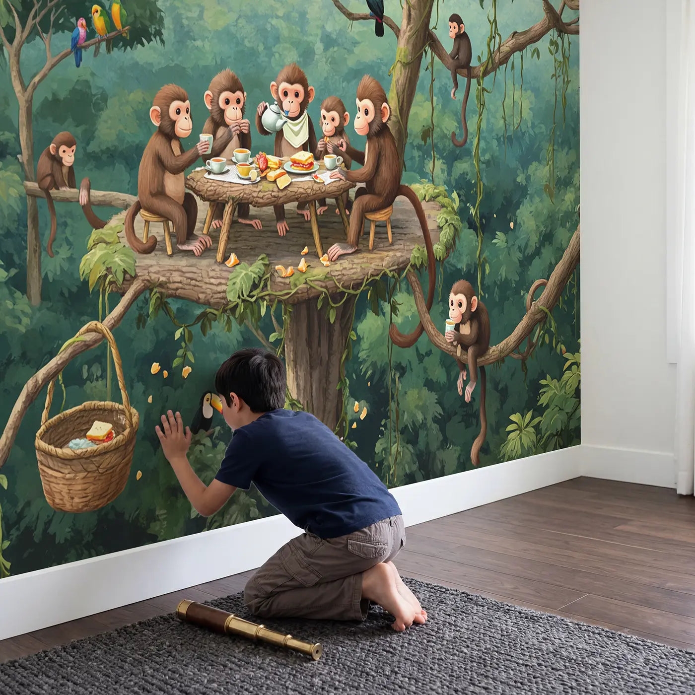 Child in nursery with Treetop Monkey Tea Party Wallpaper Mural by Whimsy Tots