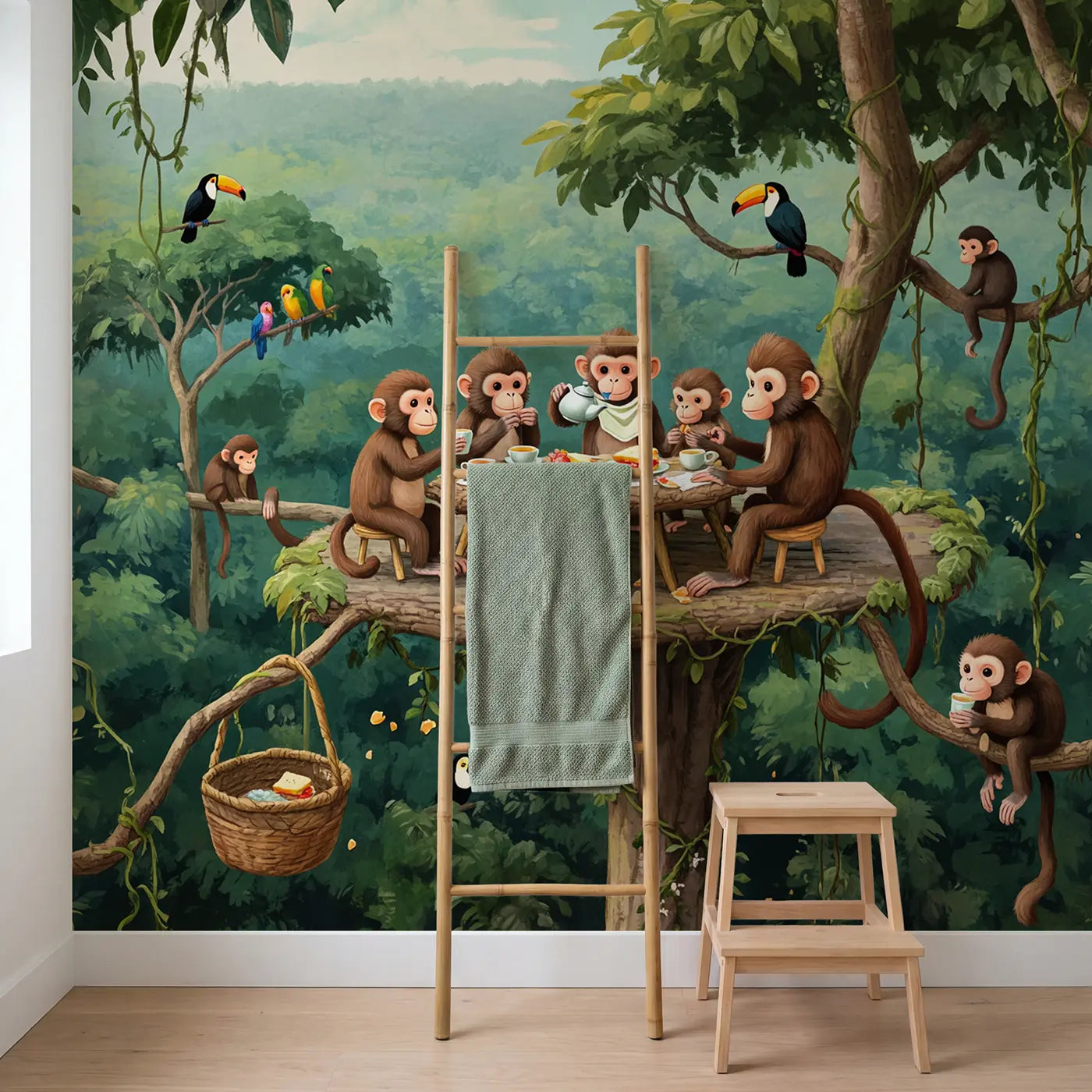 Treetop Monkey Tea Party Wallpaper Mural in playroom setting by Whimsy Tots