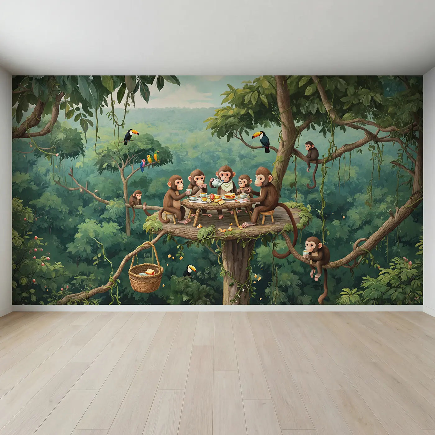 Full view of Treetop Monkey Tea Party Wallpaper Mural by Whimsy Tots