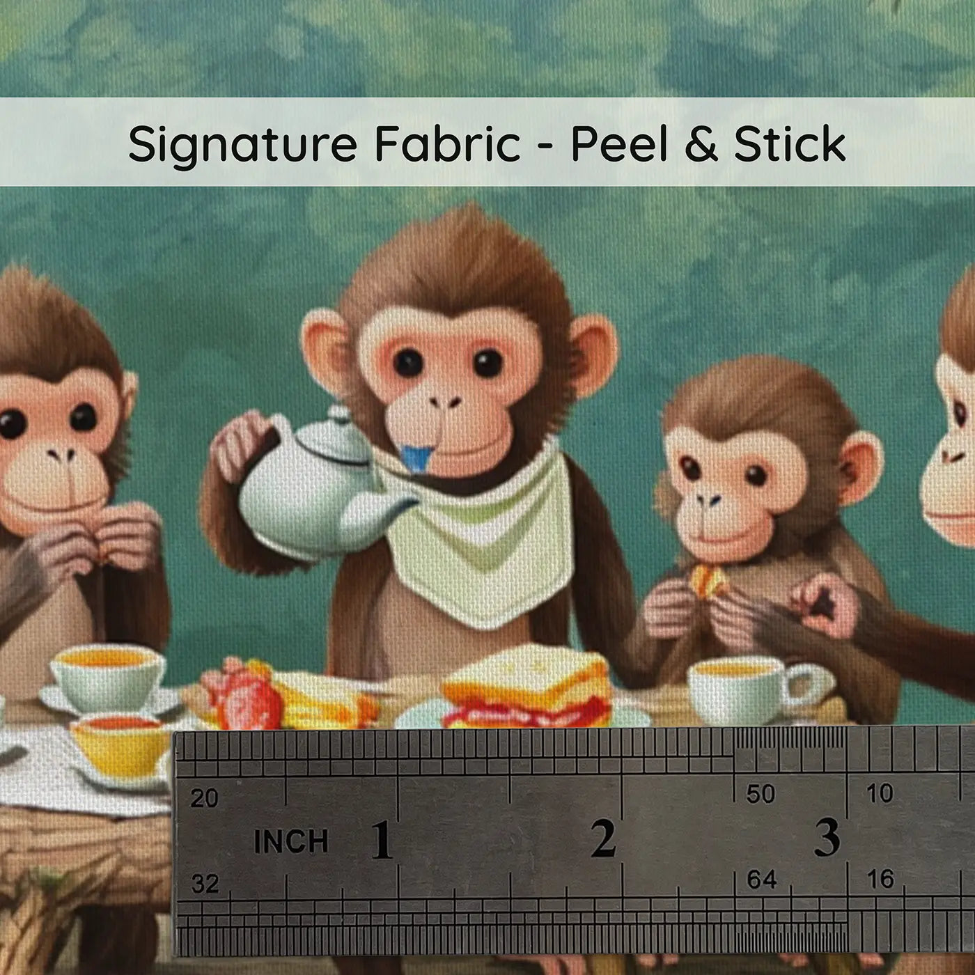 Fabric texture close-up of Treetop Monkey Tea Party Wallpaper Mural by Whimsy Tots