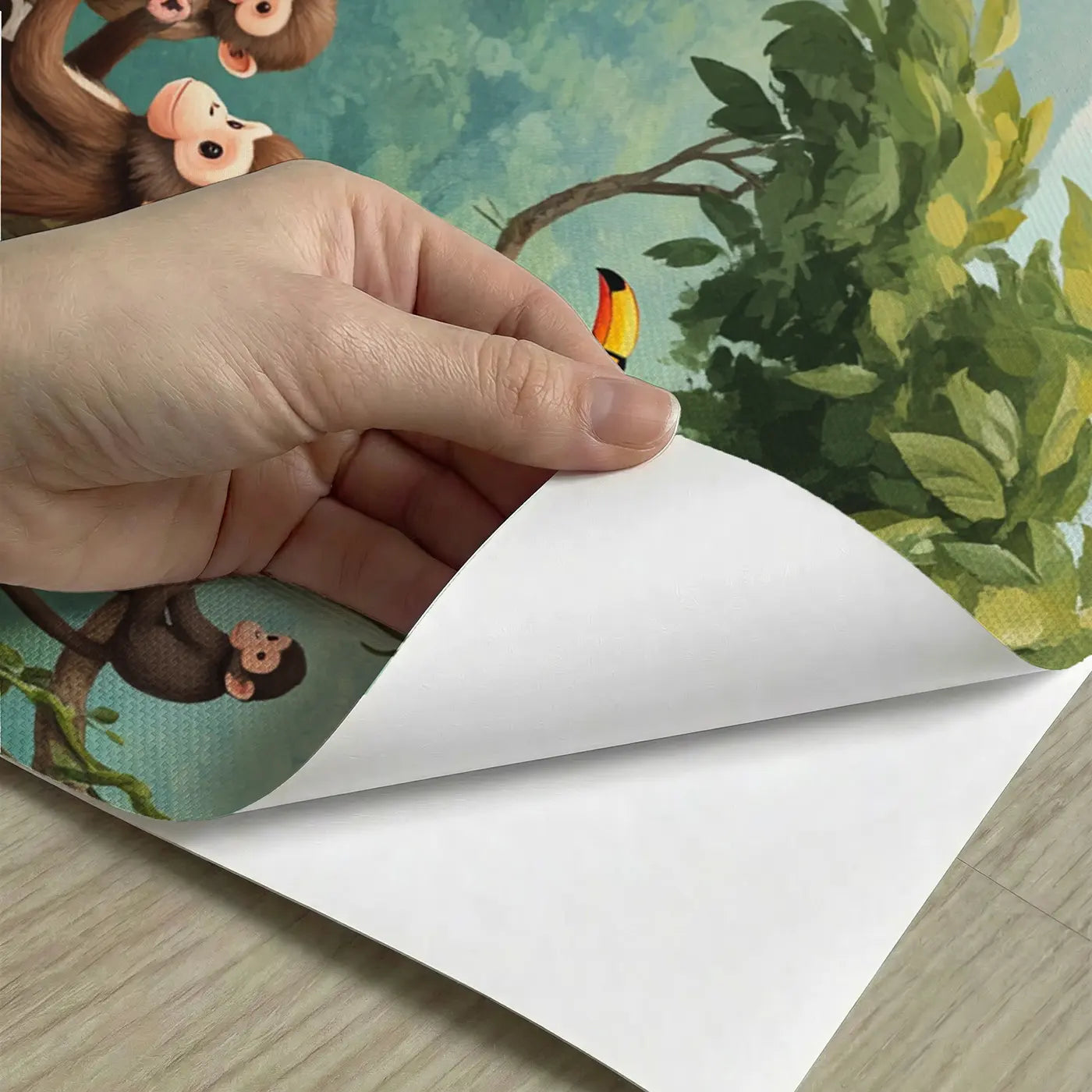 Peel-and-stick detail of Treetop Monkey Tea Party Wallpaper Mural by Whimsy Tots