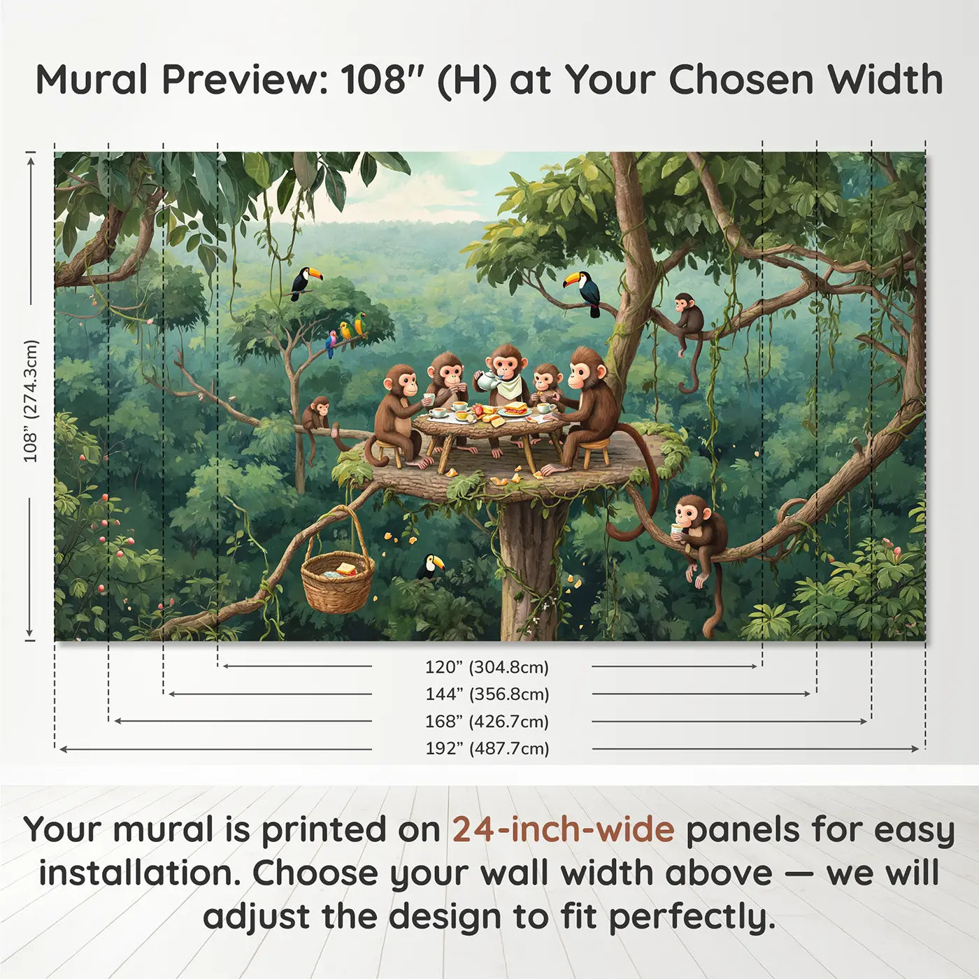 Panel layout and dimensions for Treetop Monkey Tea Party Wallpaper Mural by Whimsy Tots
