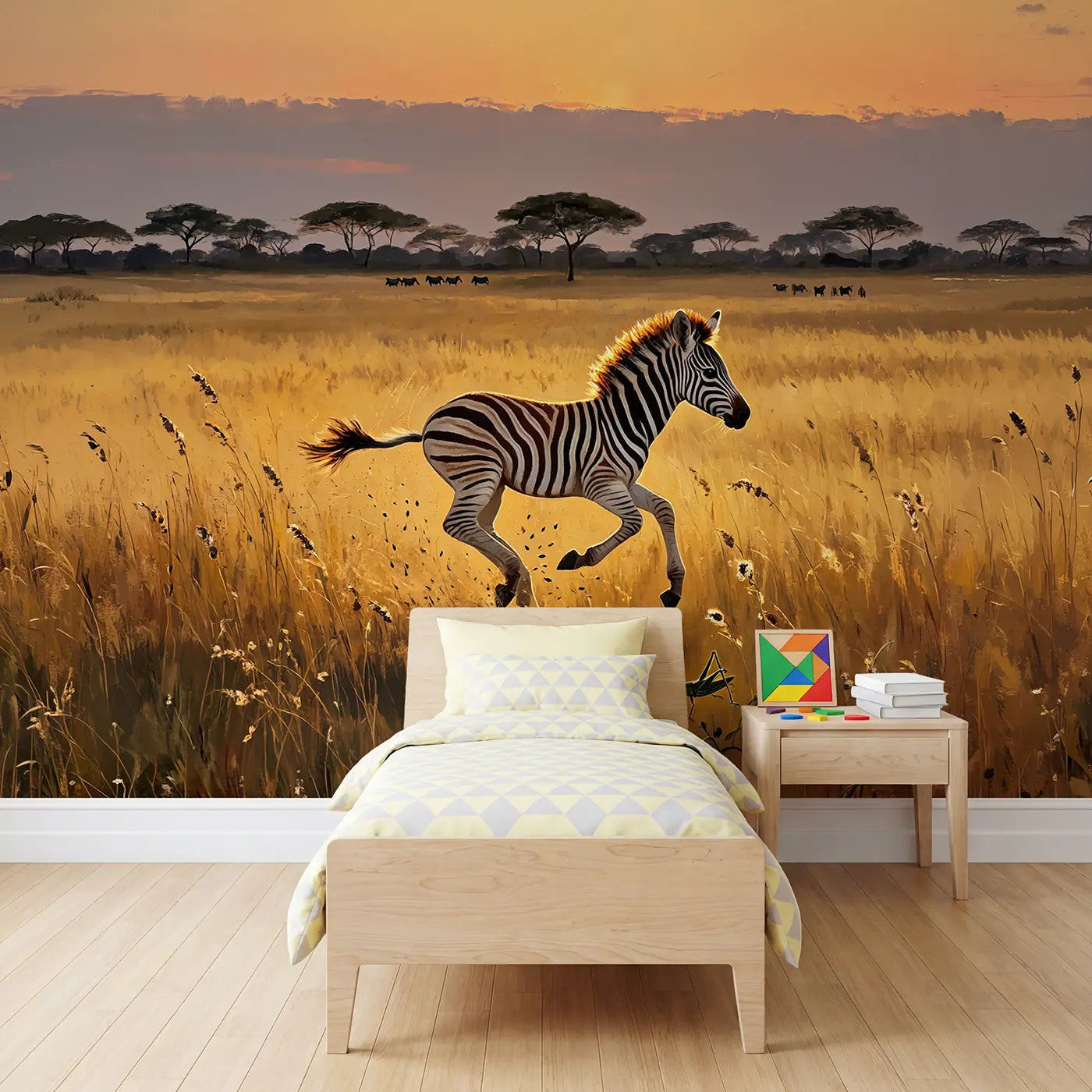 Painted landscape zebra foal running in grassland wallpaper mural for kids room by Whimsy Tots