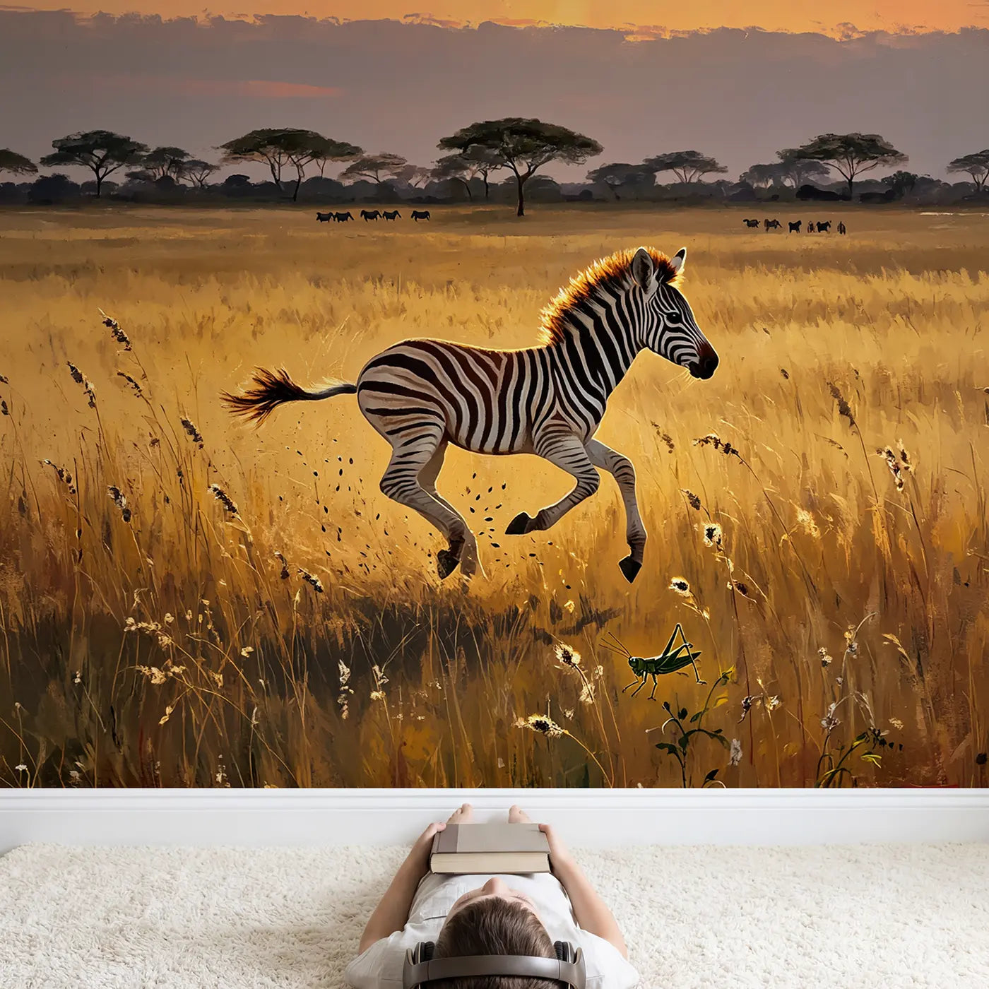 Child in nursery with Running Zebra Foal Grassland Wallpaper Mural by Whimsy Tots