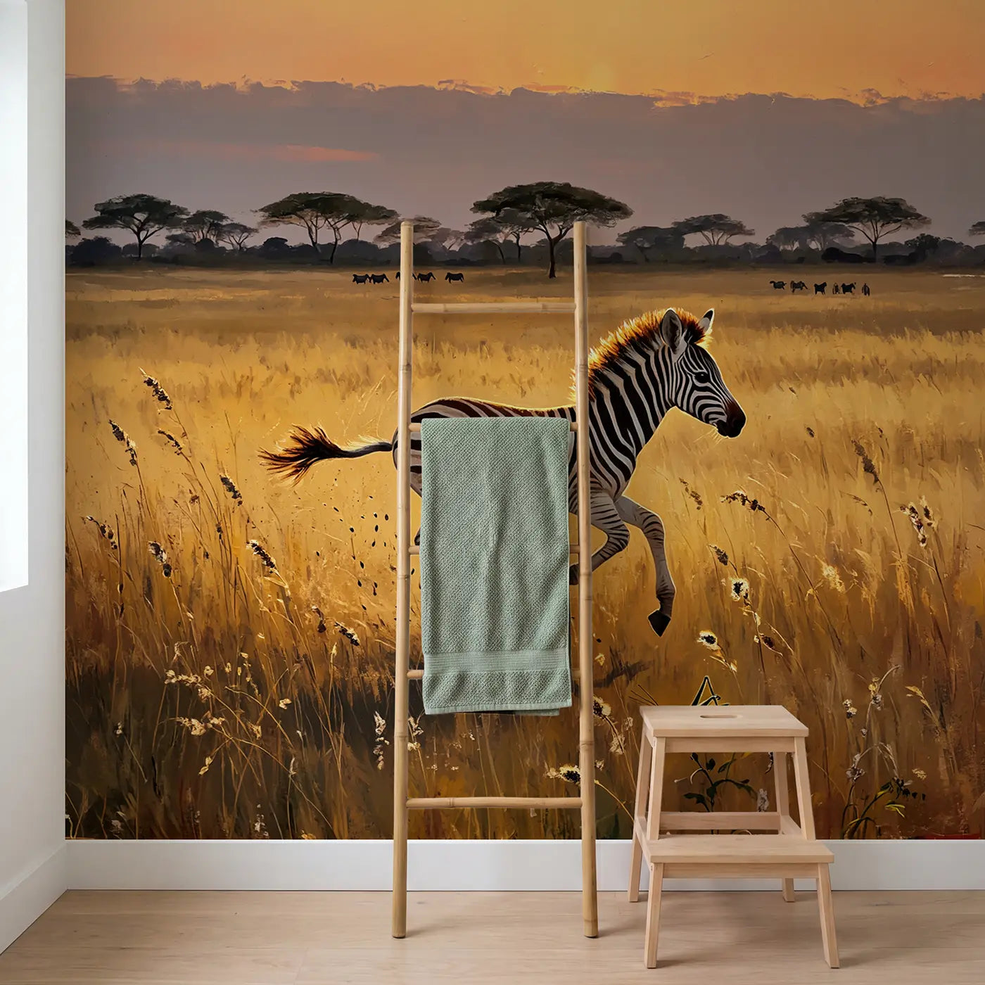 Running Zebra Foal Grassland Wallpaper Mural in playroom setting by Whimsy Tots