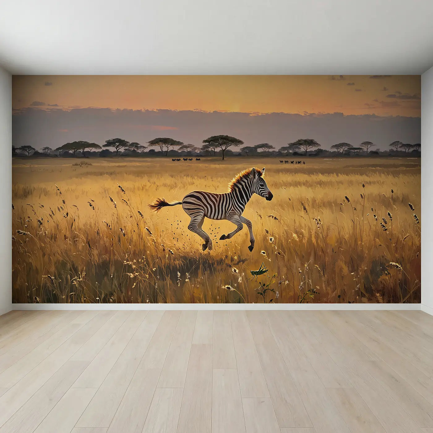 Full view of Running Zebra Foal Grassland Wallpaper Mural by Whimsy Tots
