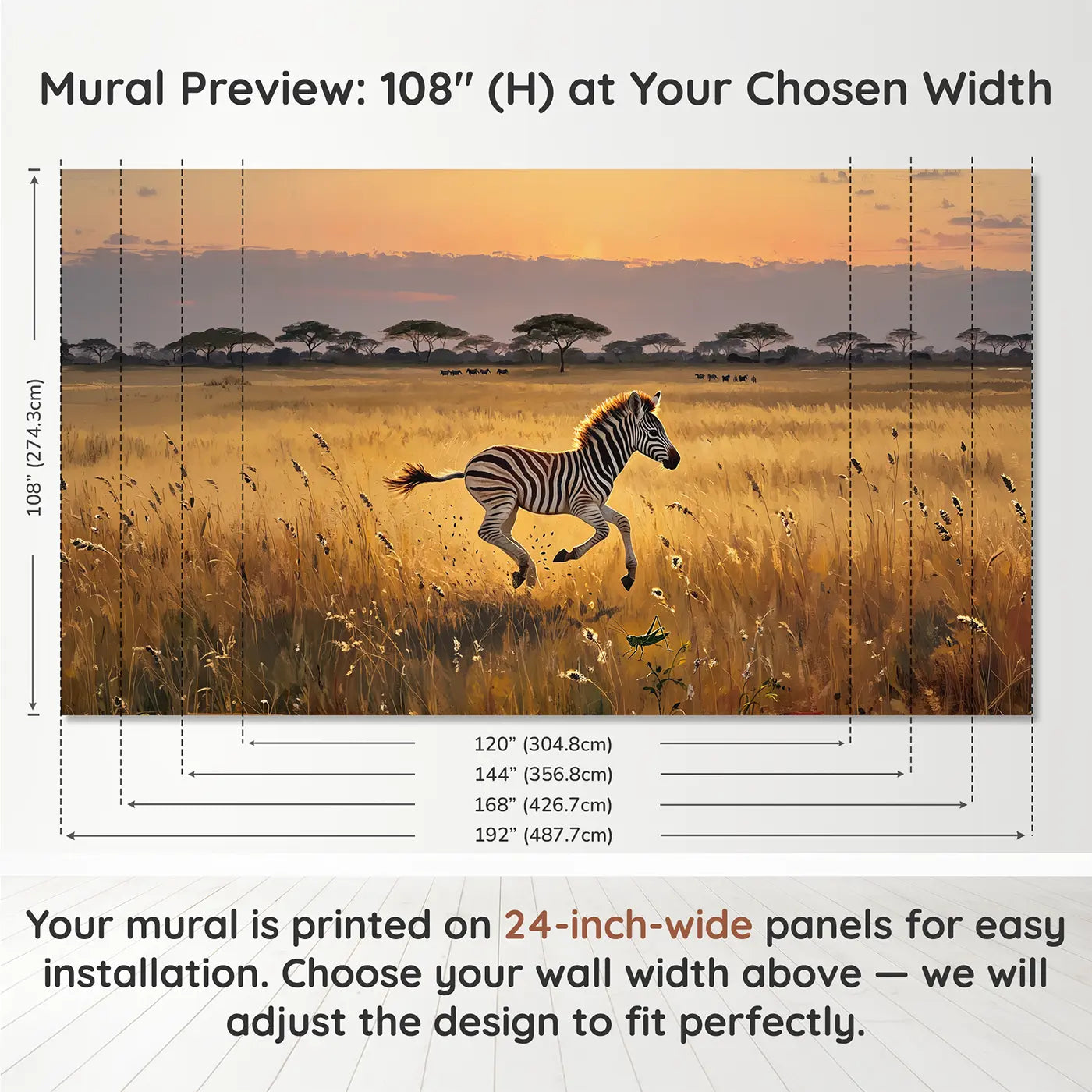 Panel layout and dimensions for Running Zebra Foal Grassland Wallpaper Mural by Whimsy Tots