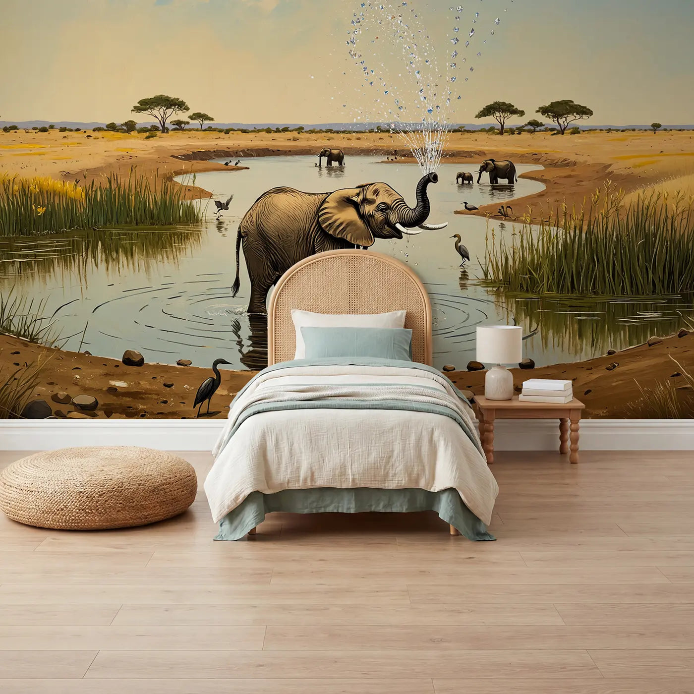Painted elephant and watering hole wallpaper mural for kids room by Whimsy Tots