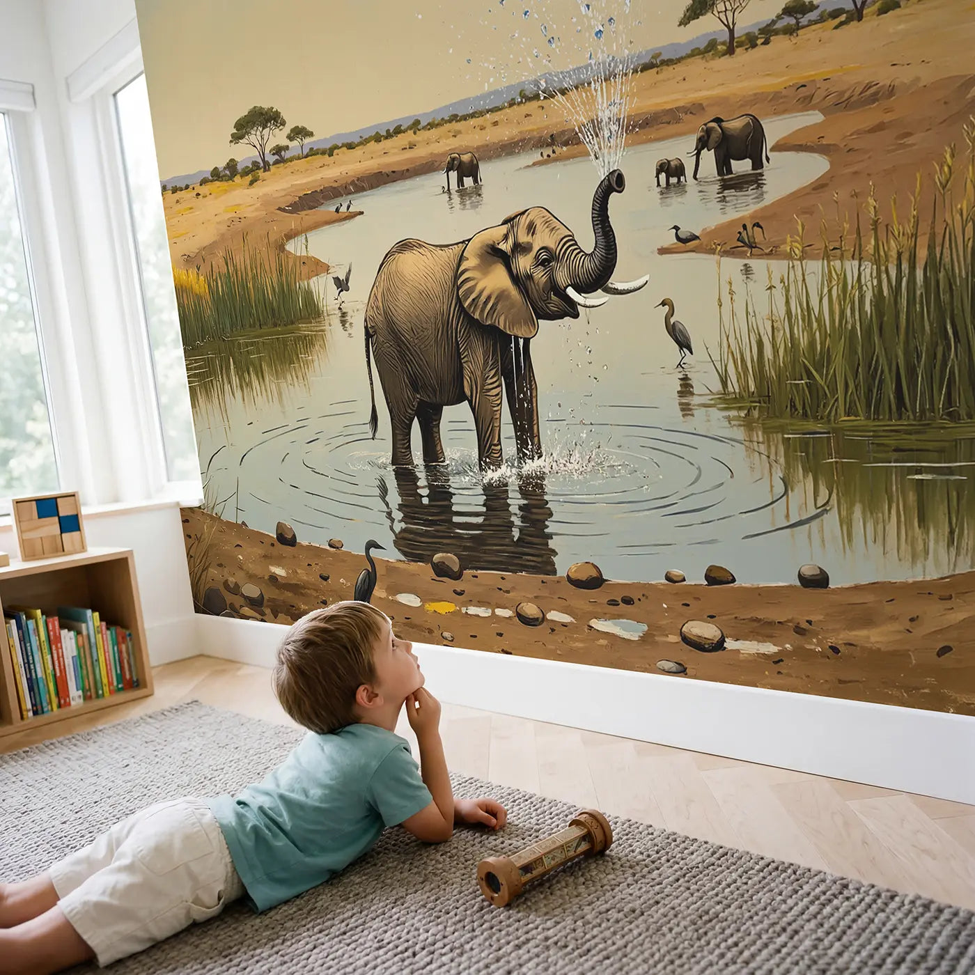 Child in nursery with Baby Elephant Water Spray Wallpaper Mural by Whimsy Tots