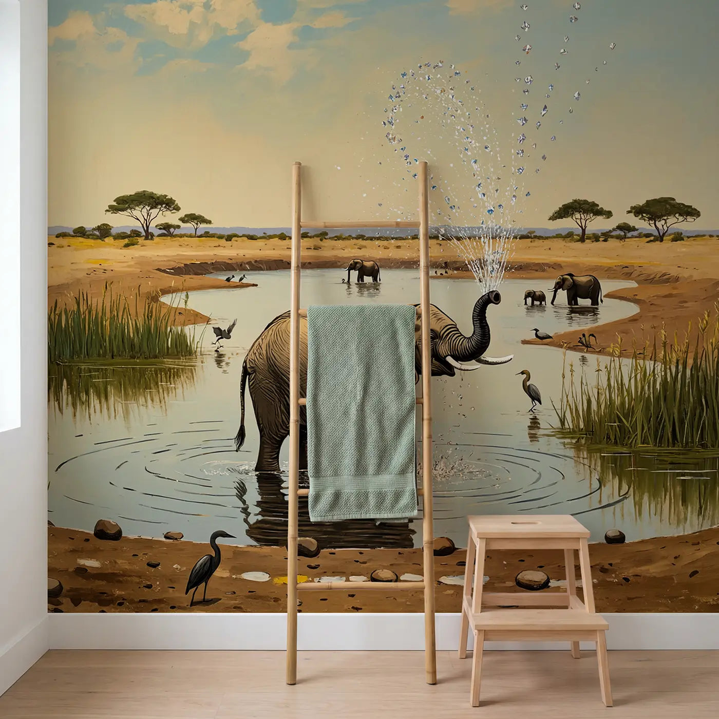 Baby Elephant Water Spray Wallpaper Mural in playroom setting by Whimsy Tots