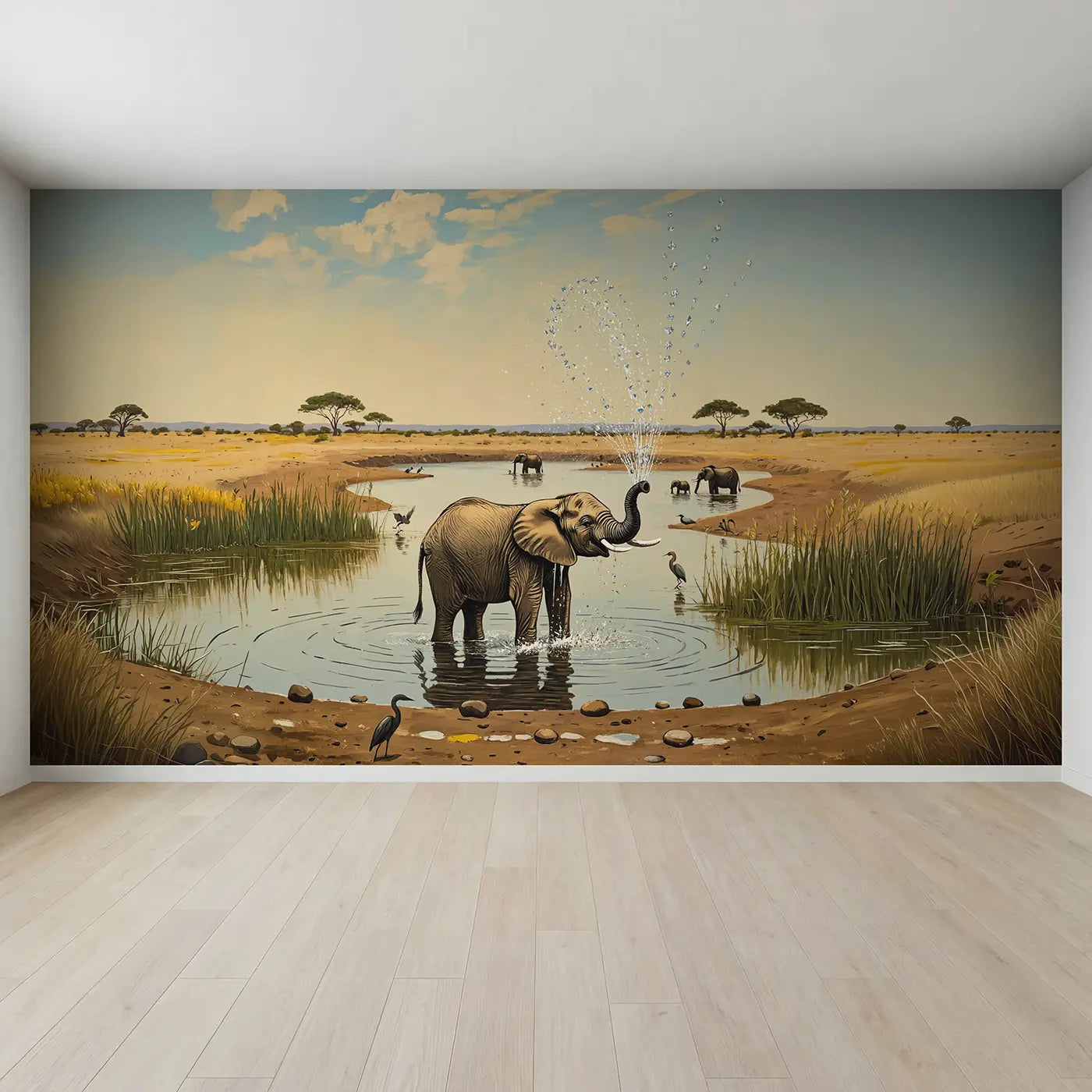 Full view of Baby Elephant Water Spray Wallpaper Mural by Whimsy Tots