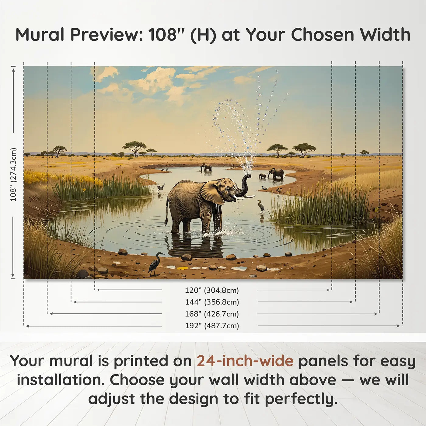 Panel layout and dimensions for Baby Elephant Water Spray Wallpaper Mural by Whimsy Tots