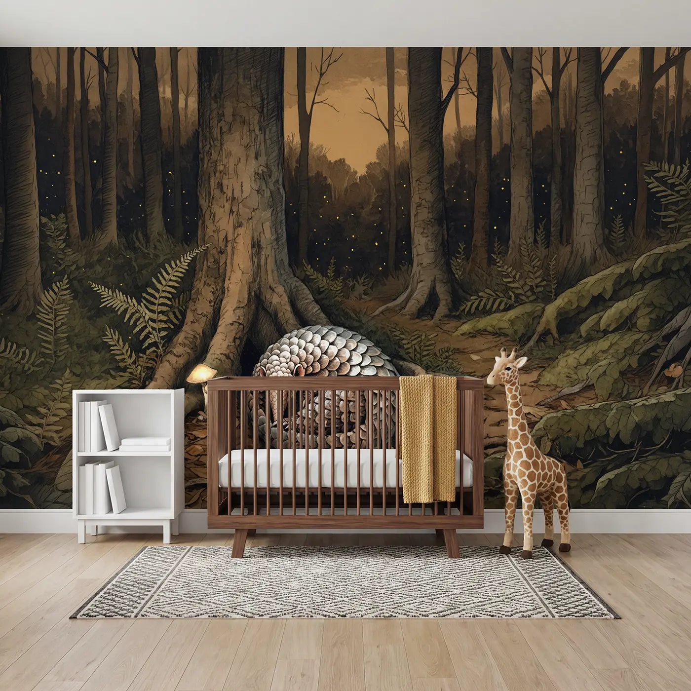 Storybook pangolin moonlit forest wallpaper mural for kids room by Whimsy Tots