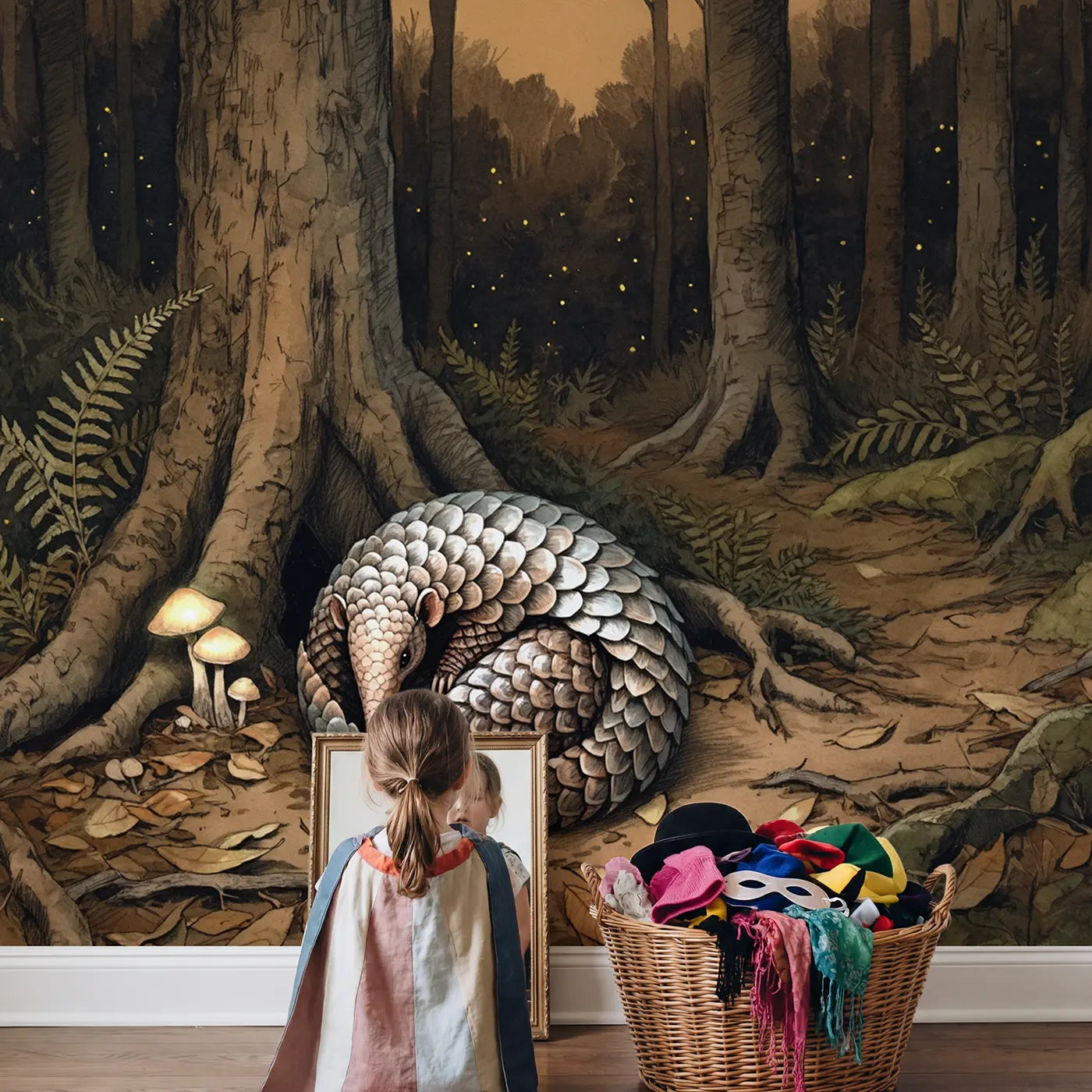 Child in nursery with Pangolin Forest Night Wallpaper Mural by Whimsy Tots
