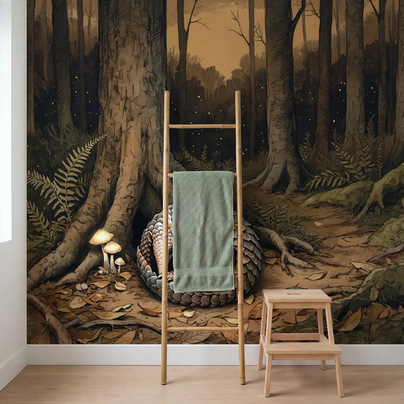 Pangolin Forest Night Wallpaper Mural in playroom setting by Whimsy Tots