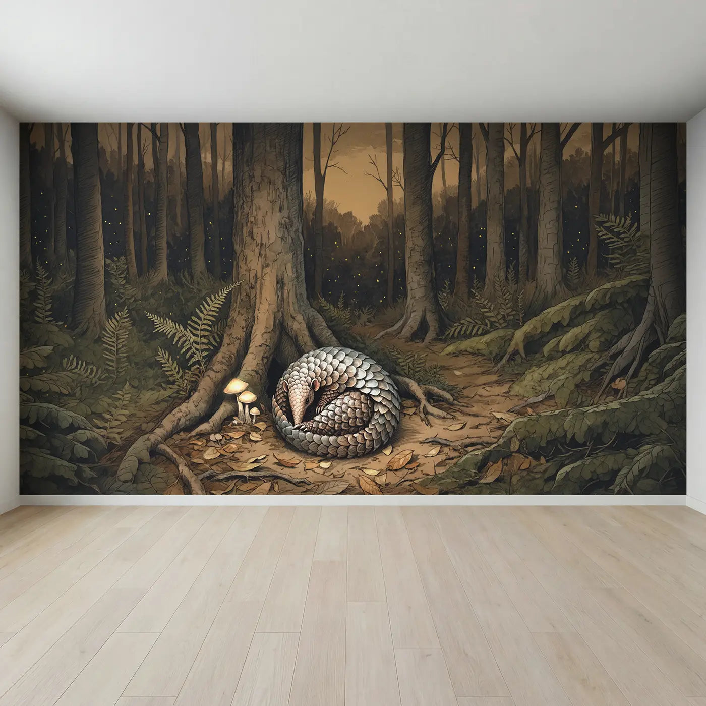 Full view of Pangolin Forest Night Wallpaper Mural by Whimsy Tots