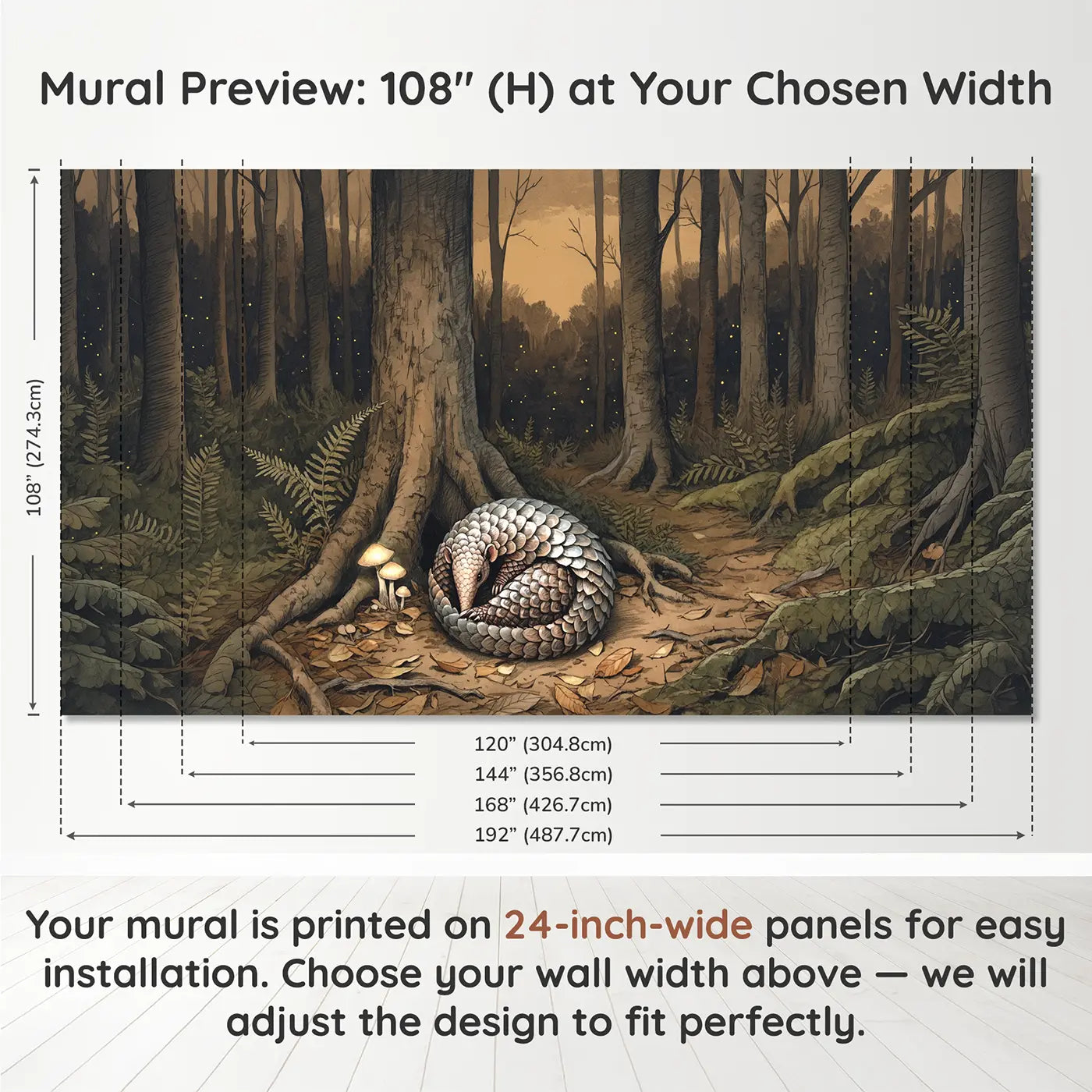 Panel layout and dimensions for Pangolin Forest Night Wallpaper Mural by Whimsy Tots