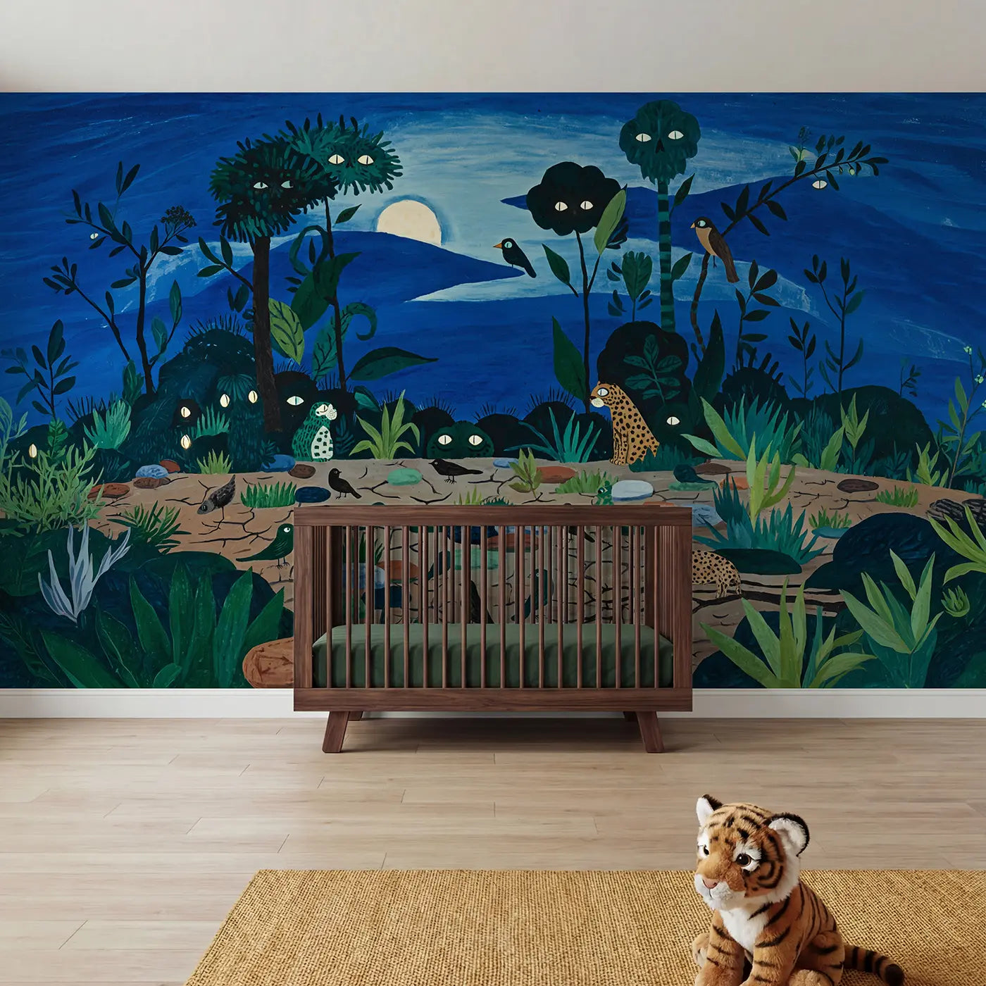 illustrated nocturnal safari jungle eyes wallpaper mural for girls room by Whimsy Tots