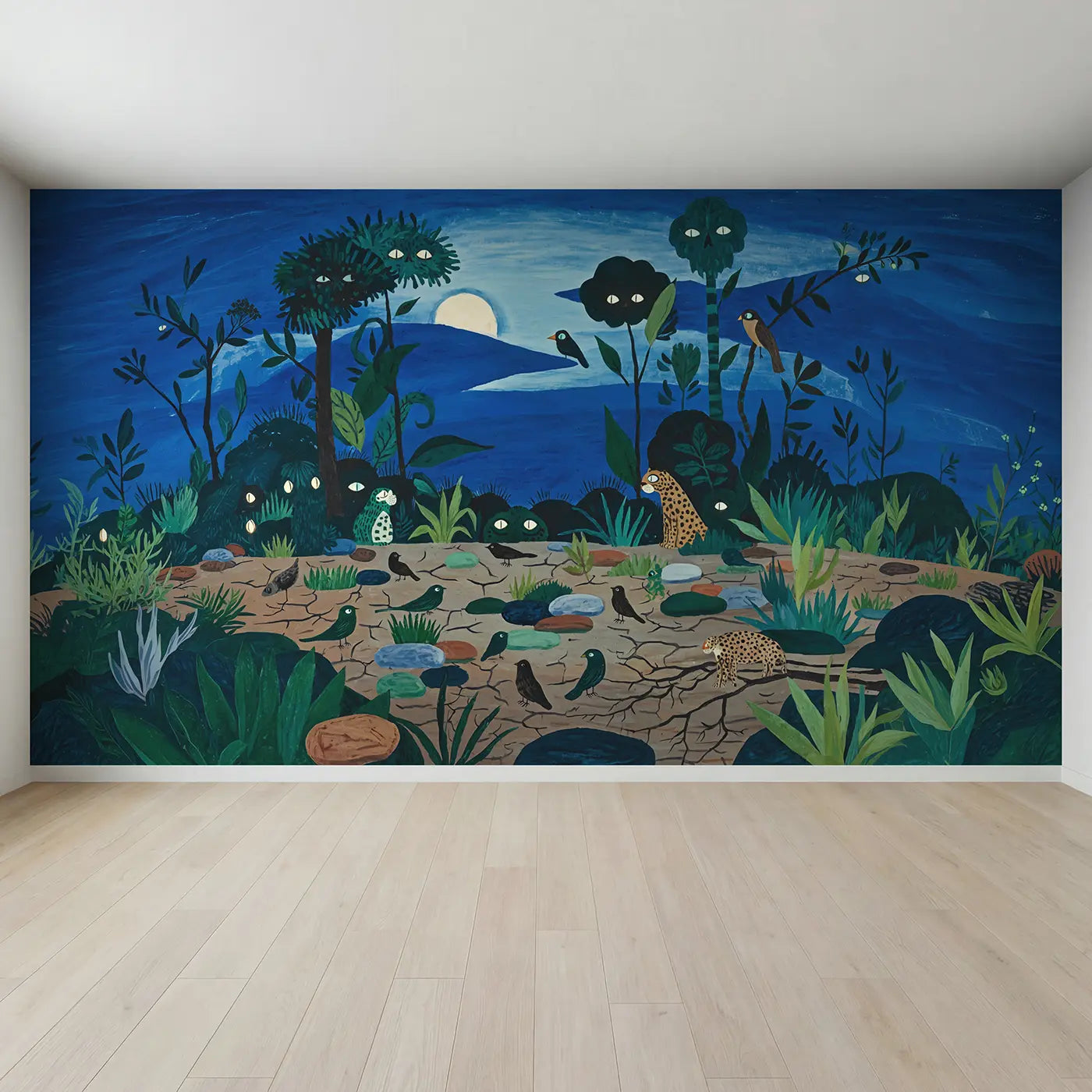 Full view of Nocturnal Safari Scene Eyes Wallpaper Mural by Whimsy Tots