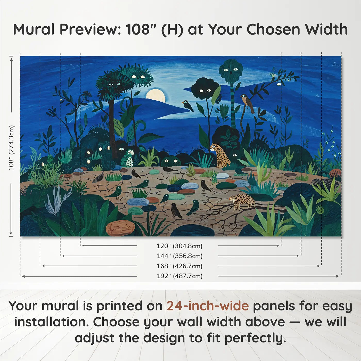 Panel layout and dimensions for Nocturnal Safari Scene Eyes Wallpaper Mural by Whimsy Tots