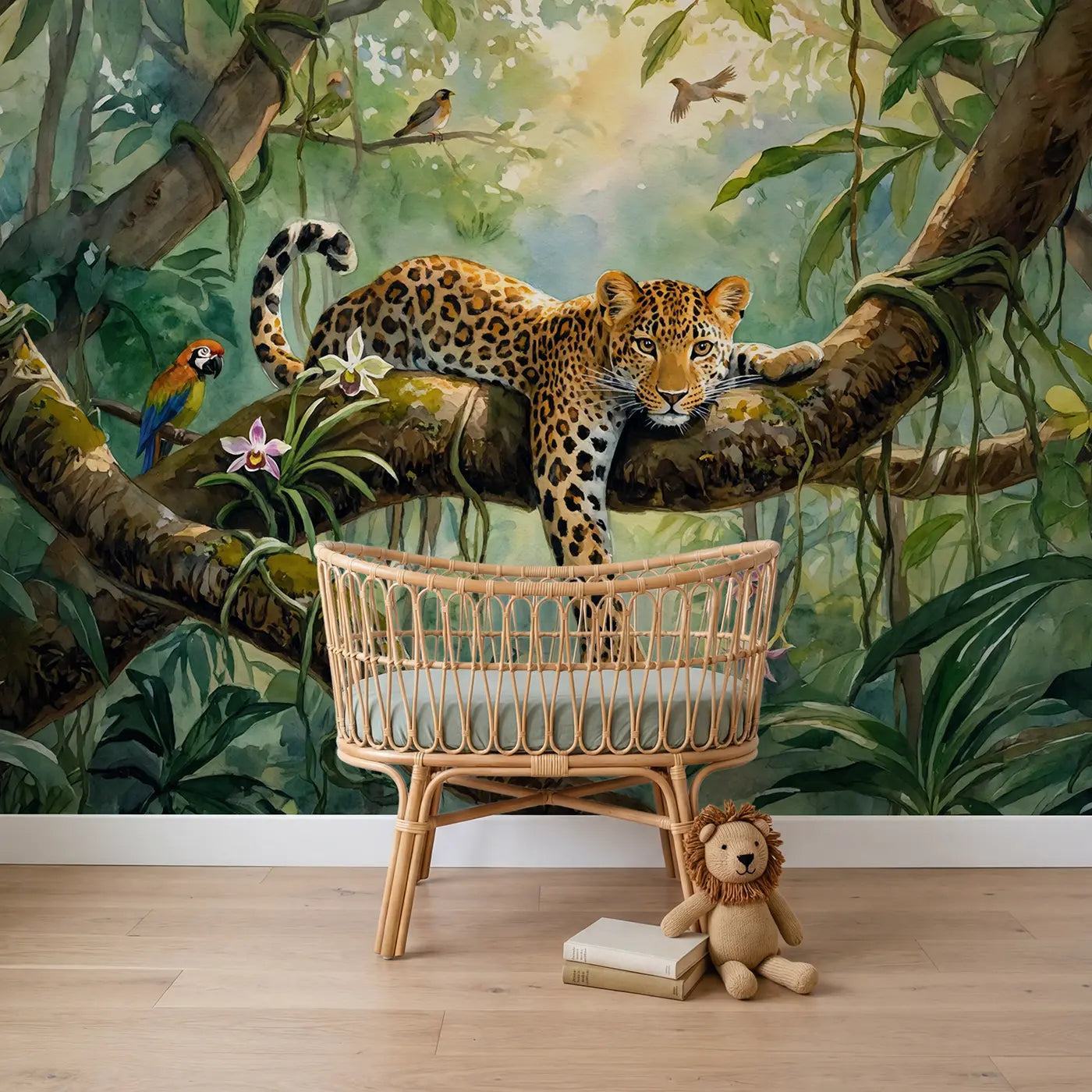Watercolor leopard jungle safari wallpaper mural for nursery by Whimsy Tots