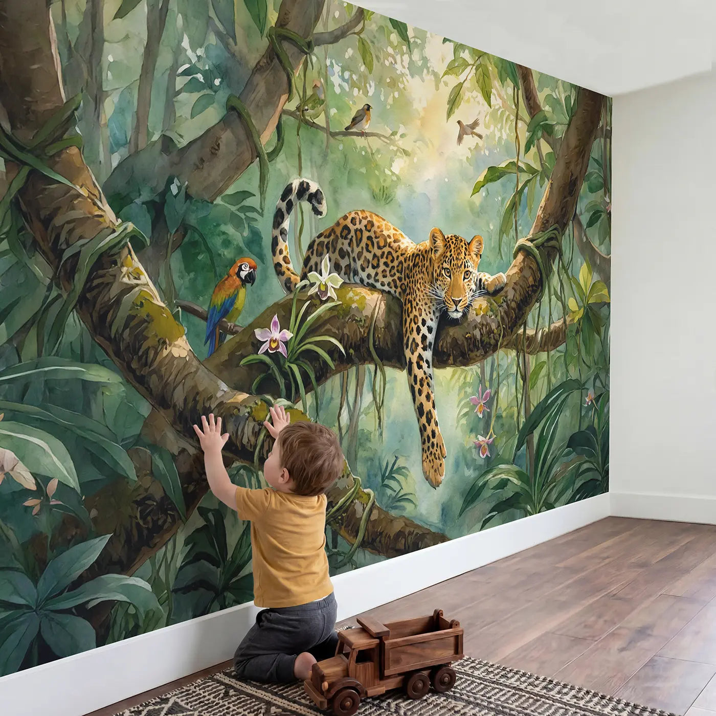 Child in nursery with Leopard on Jungle Branch Wallpaper Mural by Whimsy Tots
