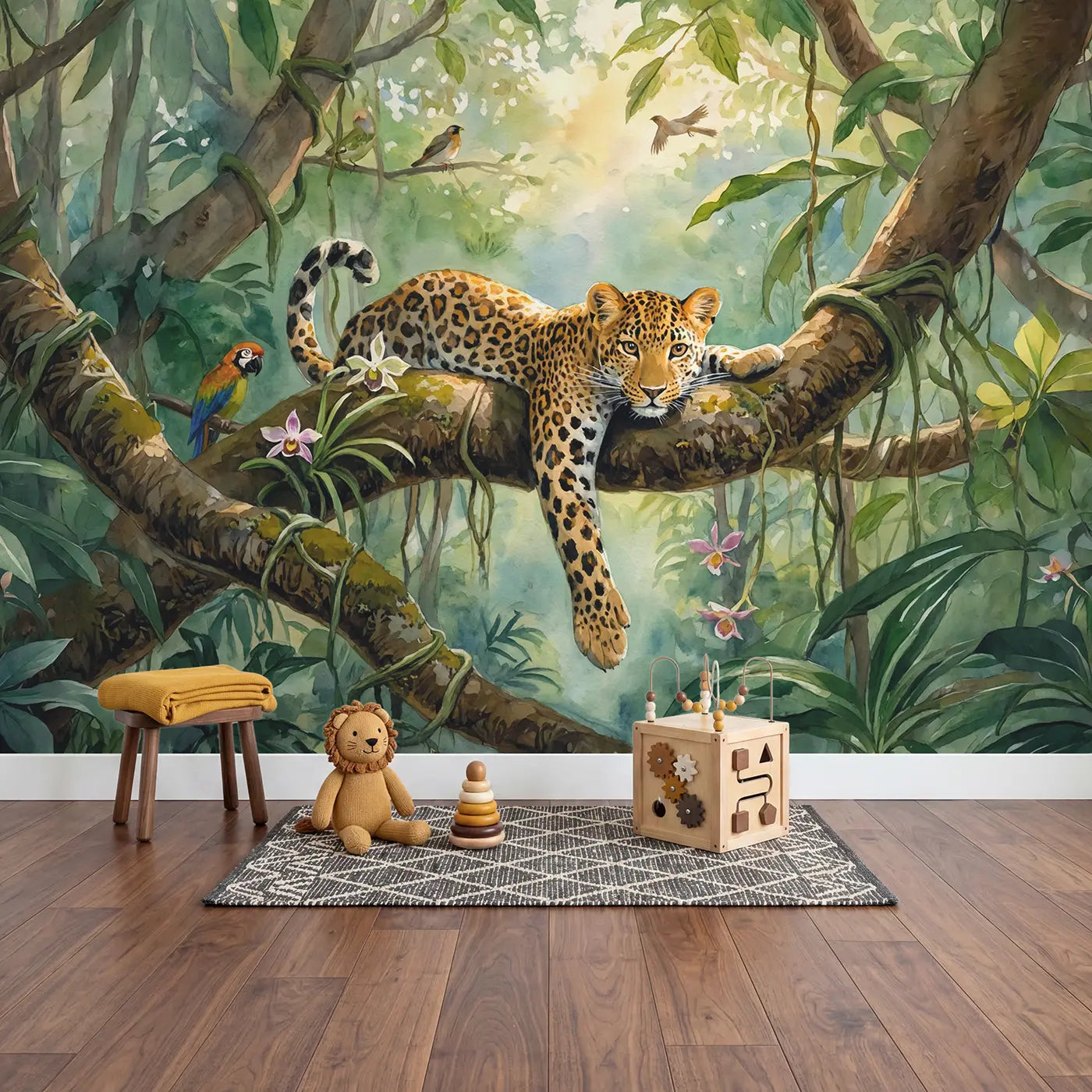 Leopard on Jungle Branch Wallpaper Mural in playroom setting by Whimsy Tots