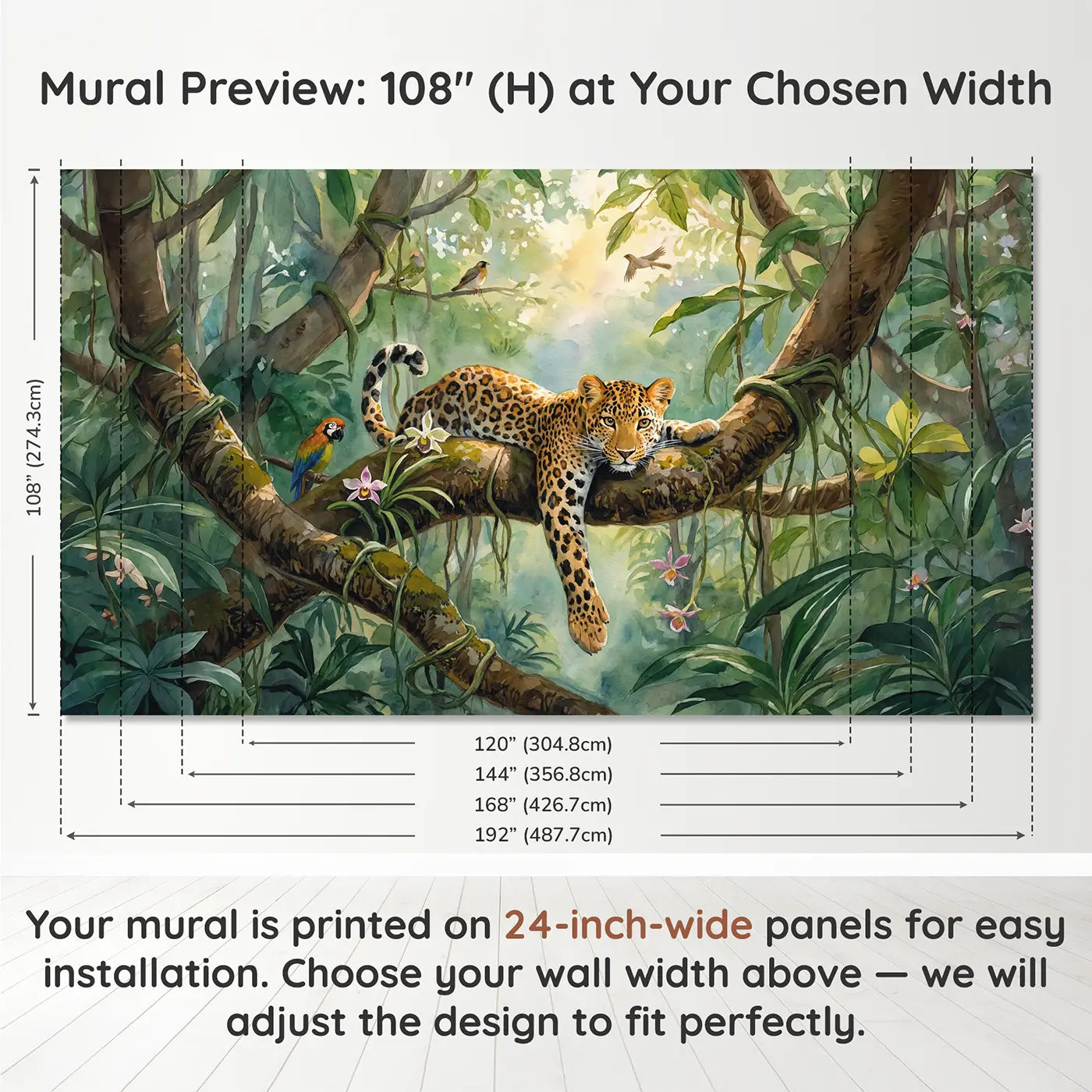 Panel layout and dimensions for Leopard on Jungle Branch Wallpaper Mural by Whimsy Tots