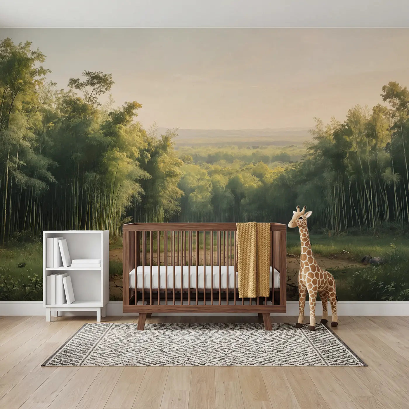 Soft pastel bamboo jungle tropical wallpaper mural for nursery by Whimsy Tots