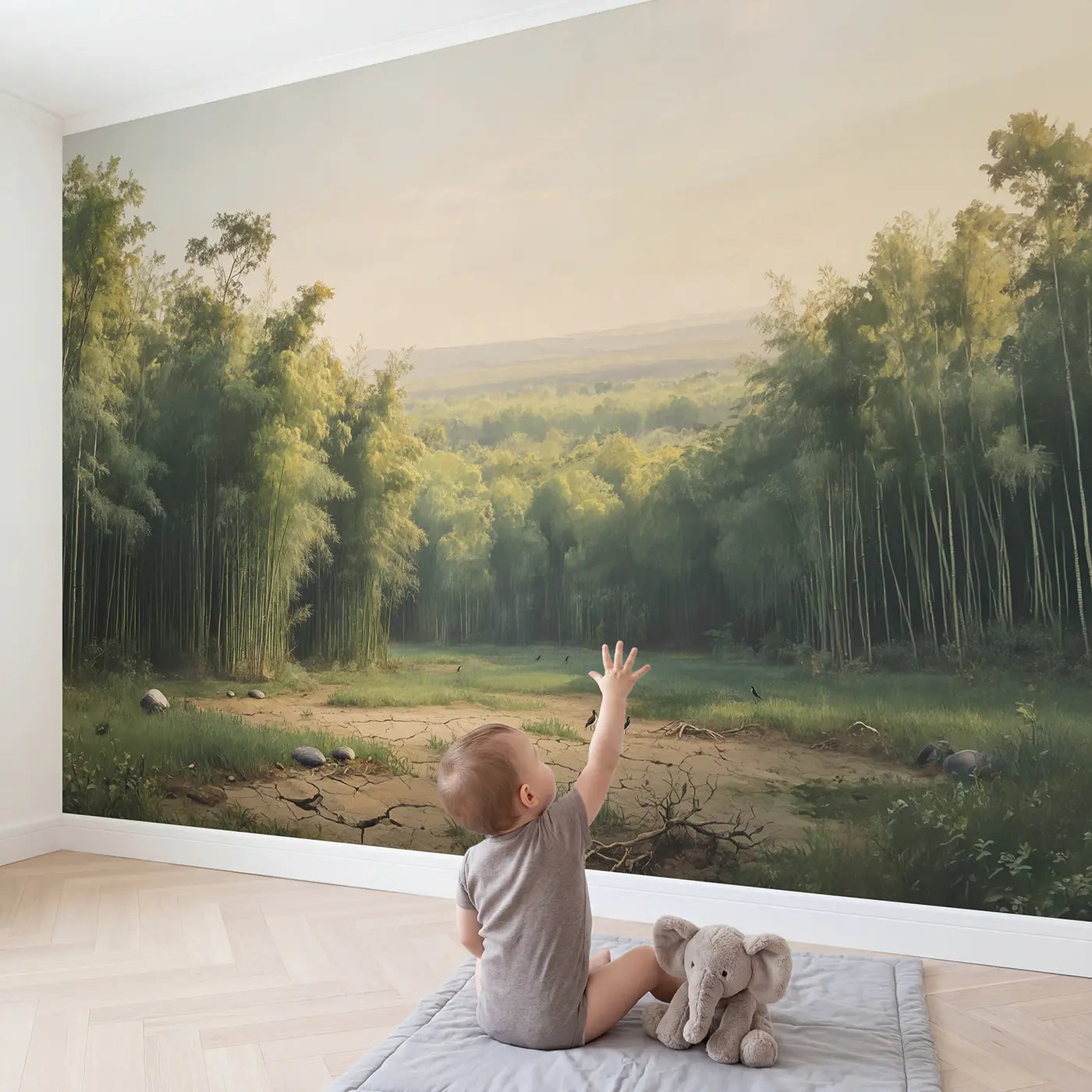 Child in nursery with Bamboo Forest Within Jungle Wallpaper Mural by Whimsy Tots