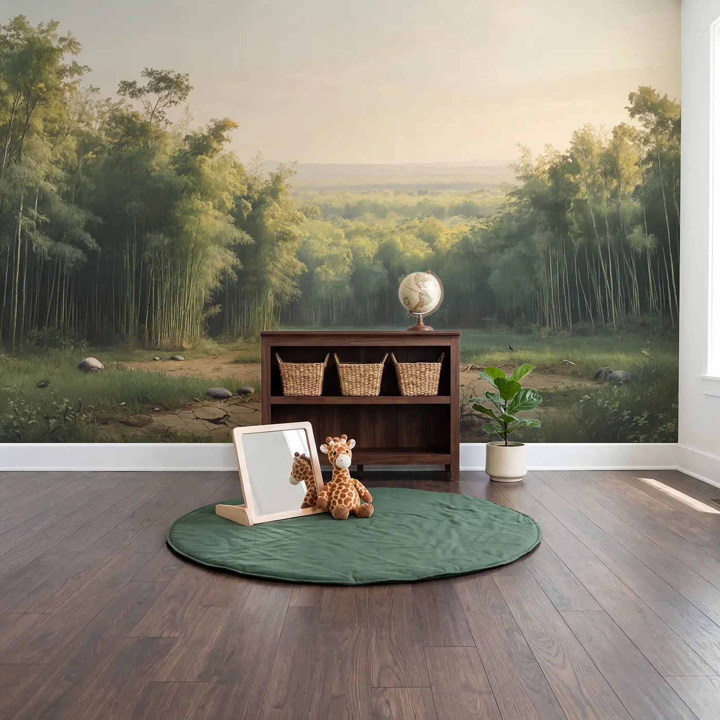 Bamboo Forest Within Jungle Wallpaper Mural in playroom setting by Whimsy Tots
