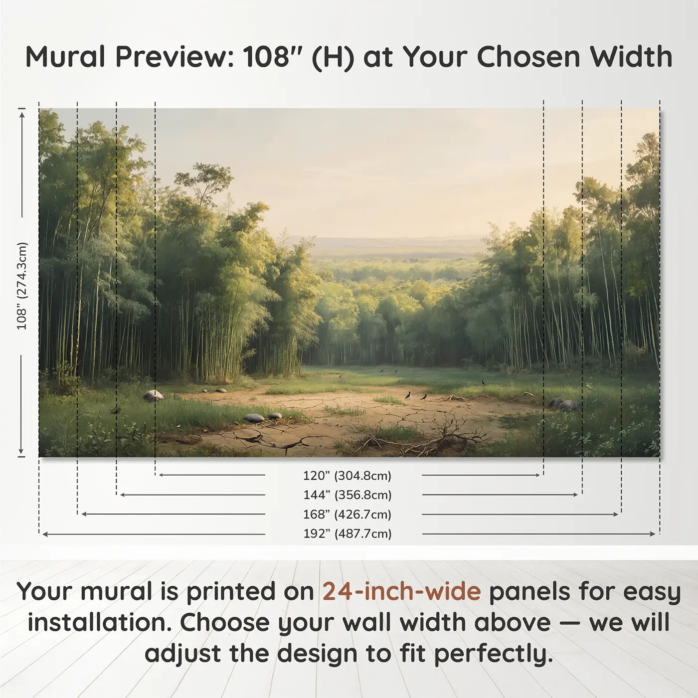Panel layout and dimensions for Bamboo Forest Within Jungle Wallpaper Mural by Whimsy Tots