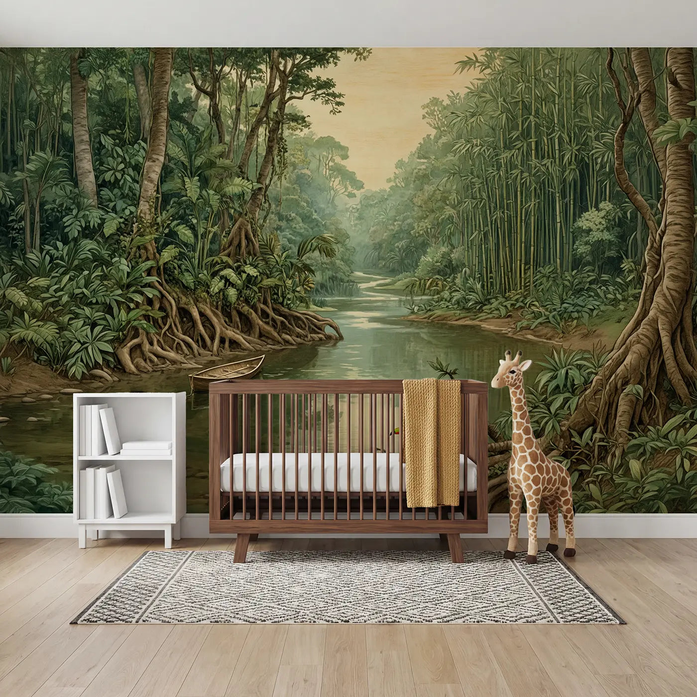 Storybook jungle river mist monkey wallpaper mural for nursery by Whimsy Tots
