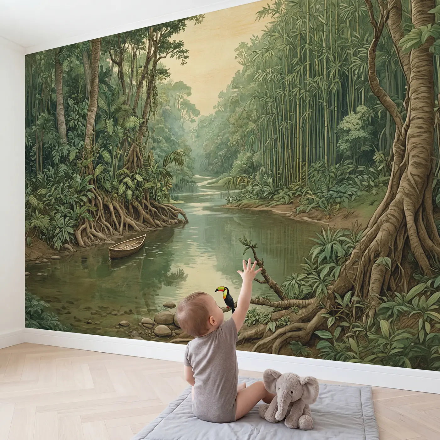 Child in nursery with Misty Jungle River Wallpaper Mural by Whimsy Tots