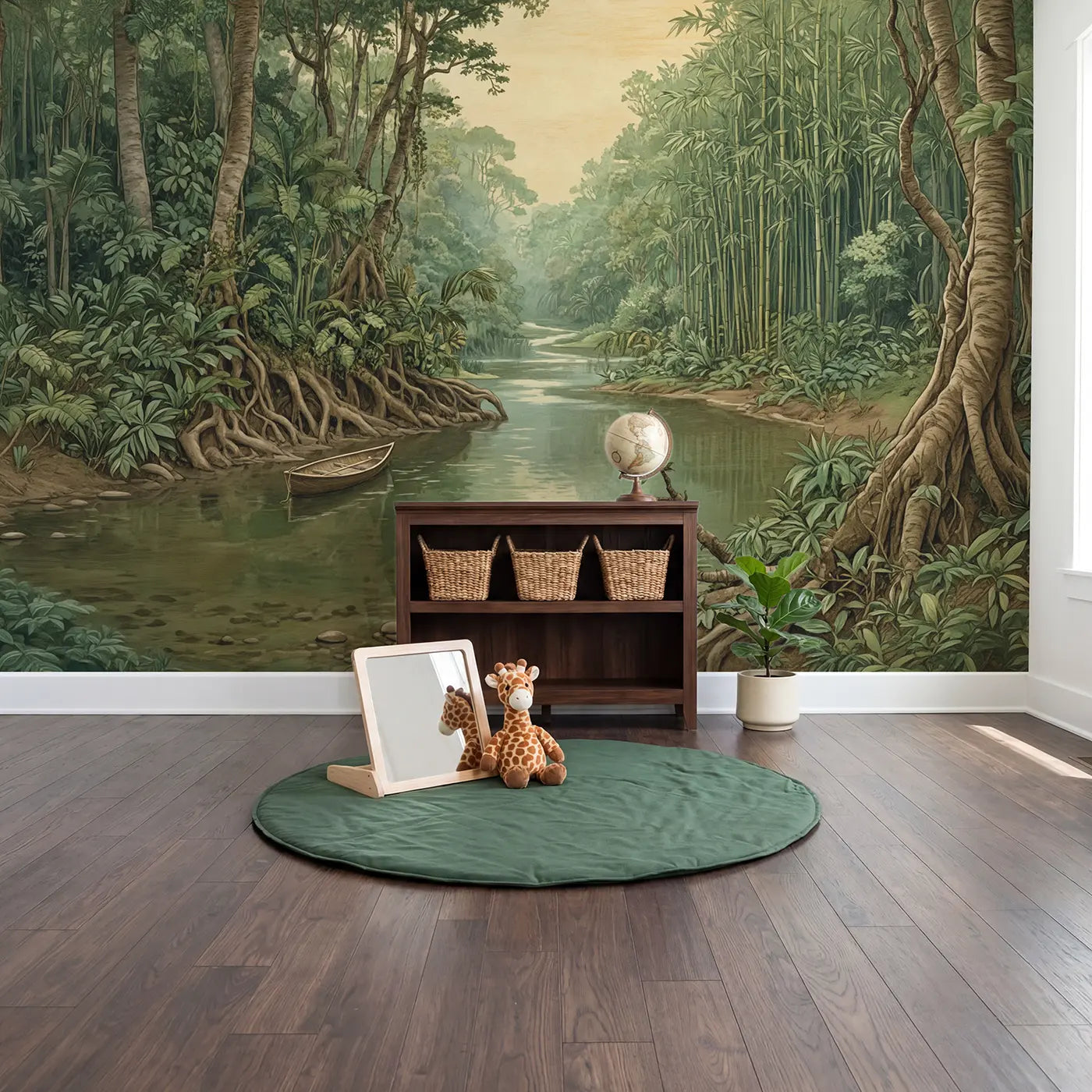 Misty Jungle River Wallpaper Mural in playroom setting by Whimsy Tots