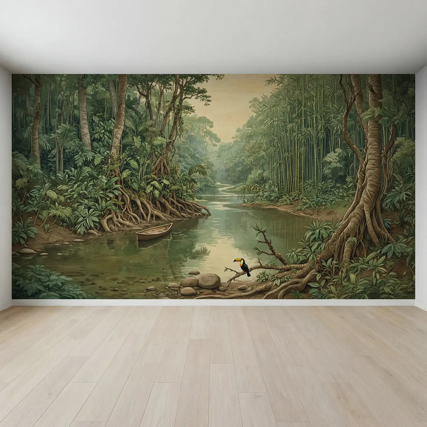 Full view of Misty Jungle River Wallpaper Mural by Whimsy Tots