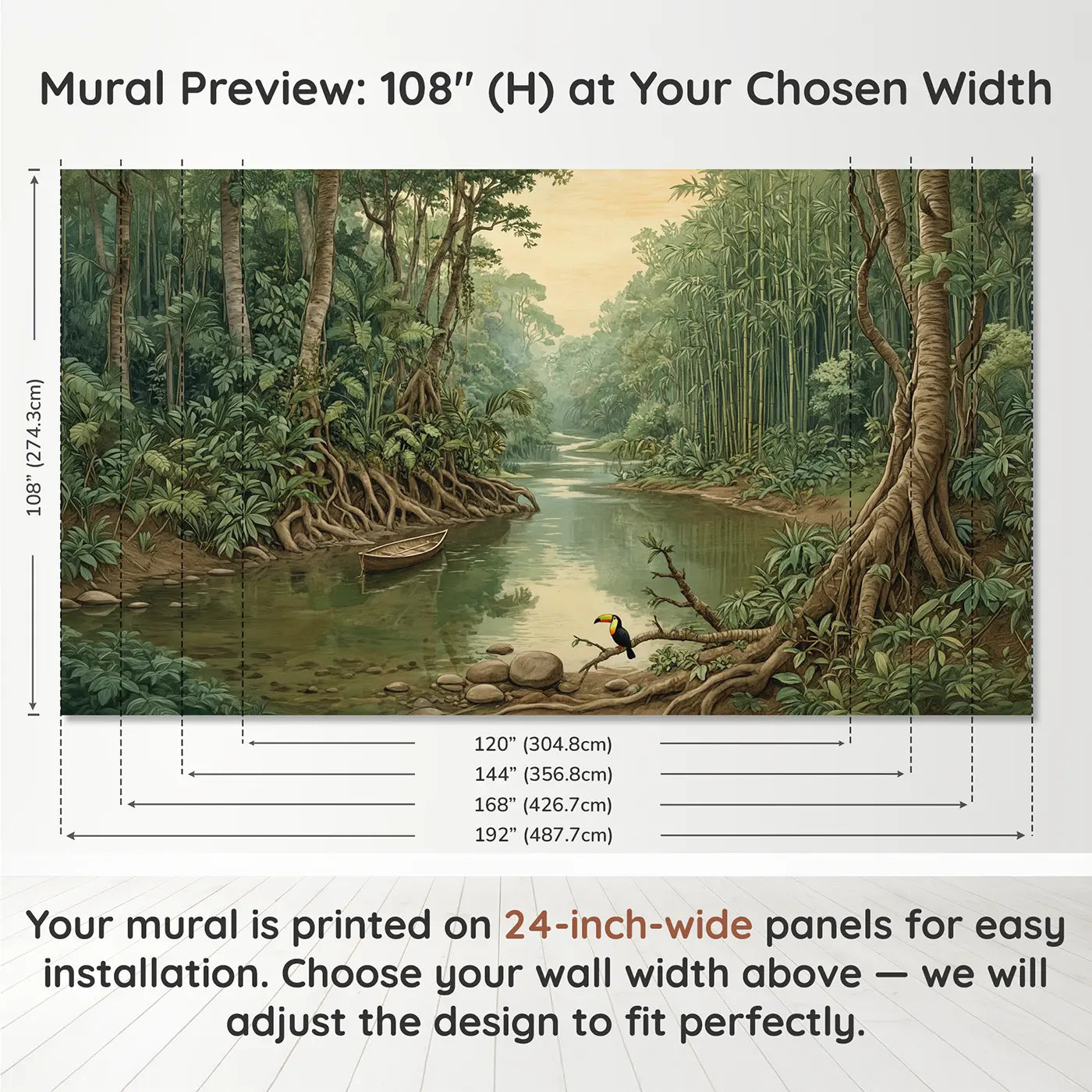 Panel layout and dimensions for Misty Jungle River Wallpaper Mural by Whimsy Tots
