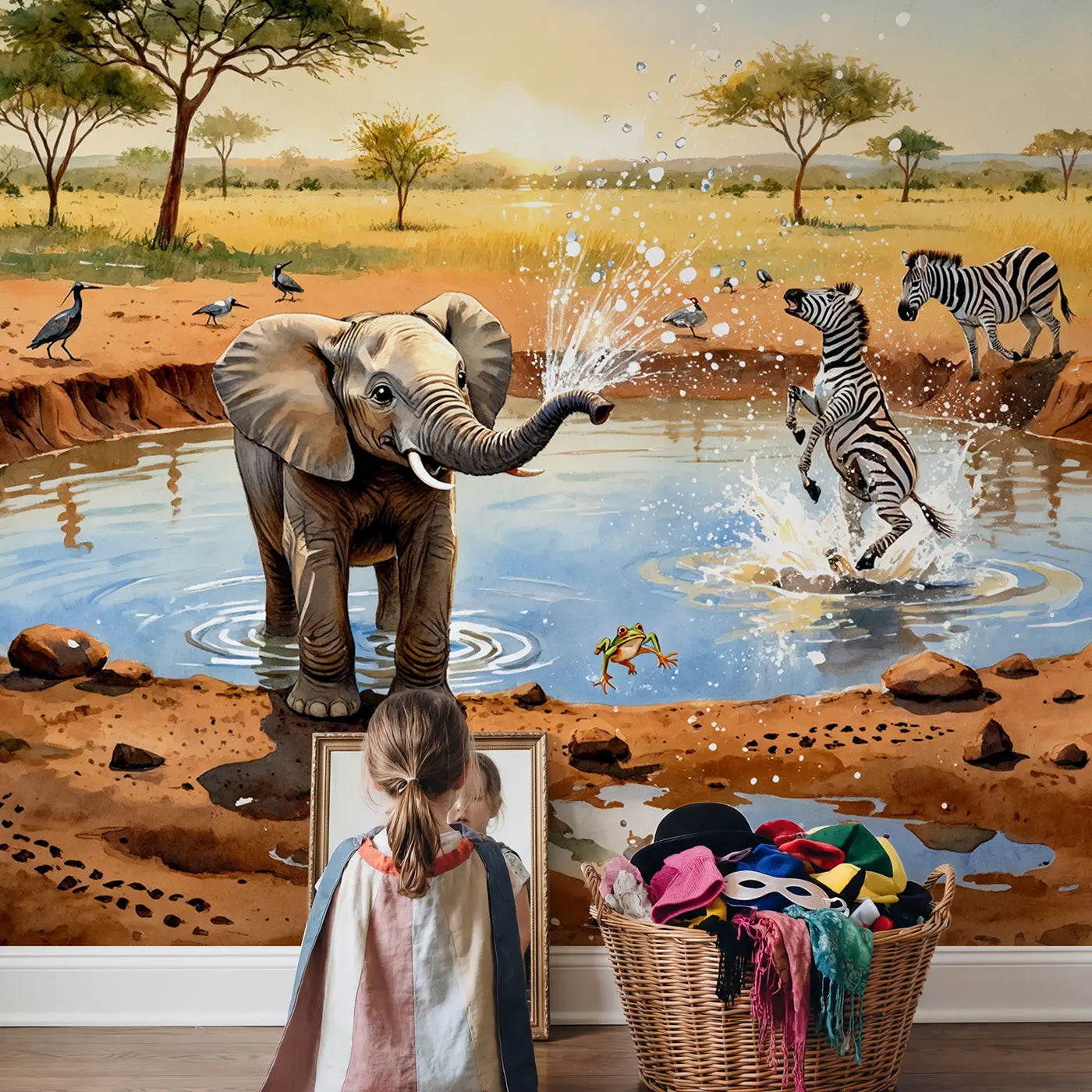 Child in nursery with Elephant Spraying Zebra Waterhole Wallpaper Mural by Whimsy Tots
