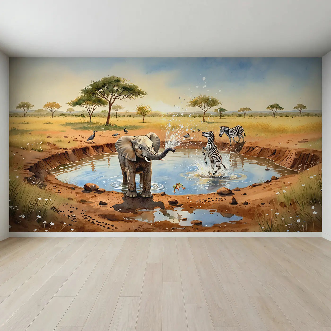 Full view of Elephant Spraying Zebra Waterhole Wallpaper Mural by Whimsy Tots